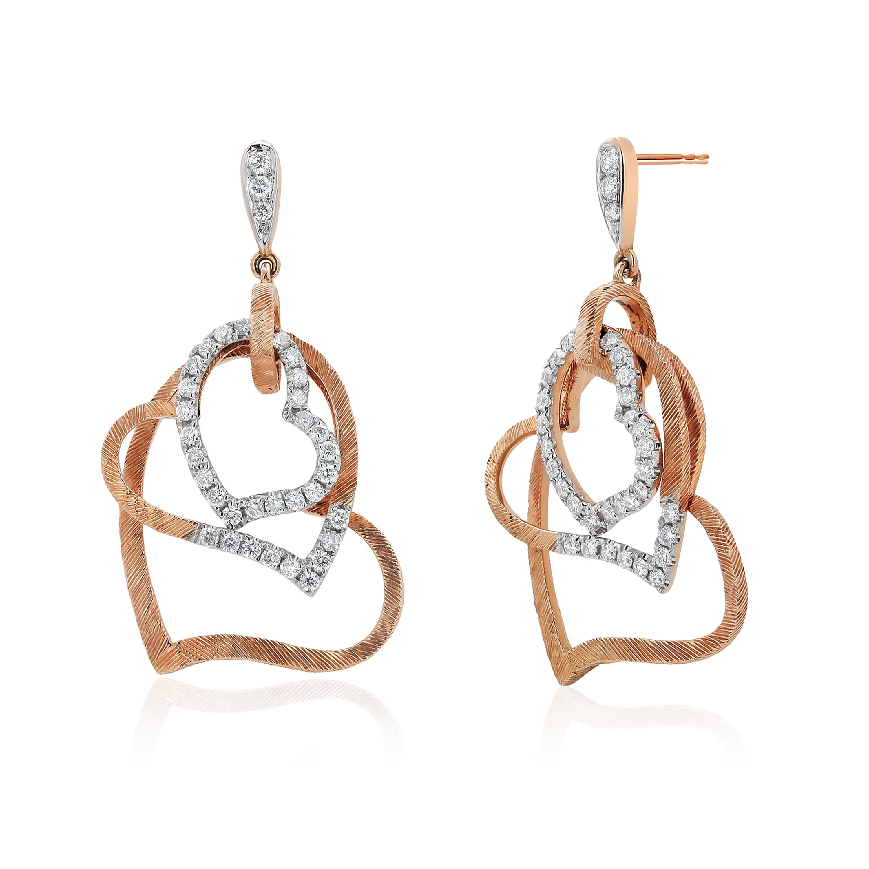 Modernist Fourteen Karat Rose and White Gold Diamond Drop Vintage Heart Shaped Earrings