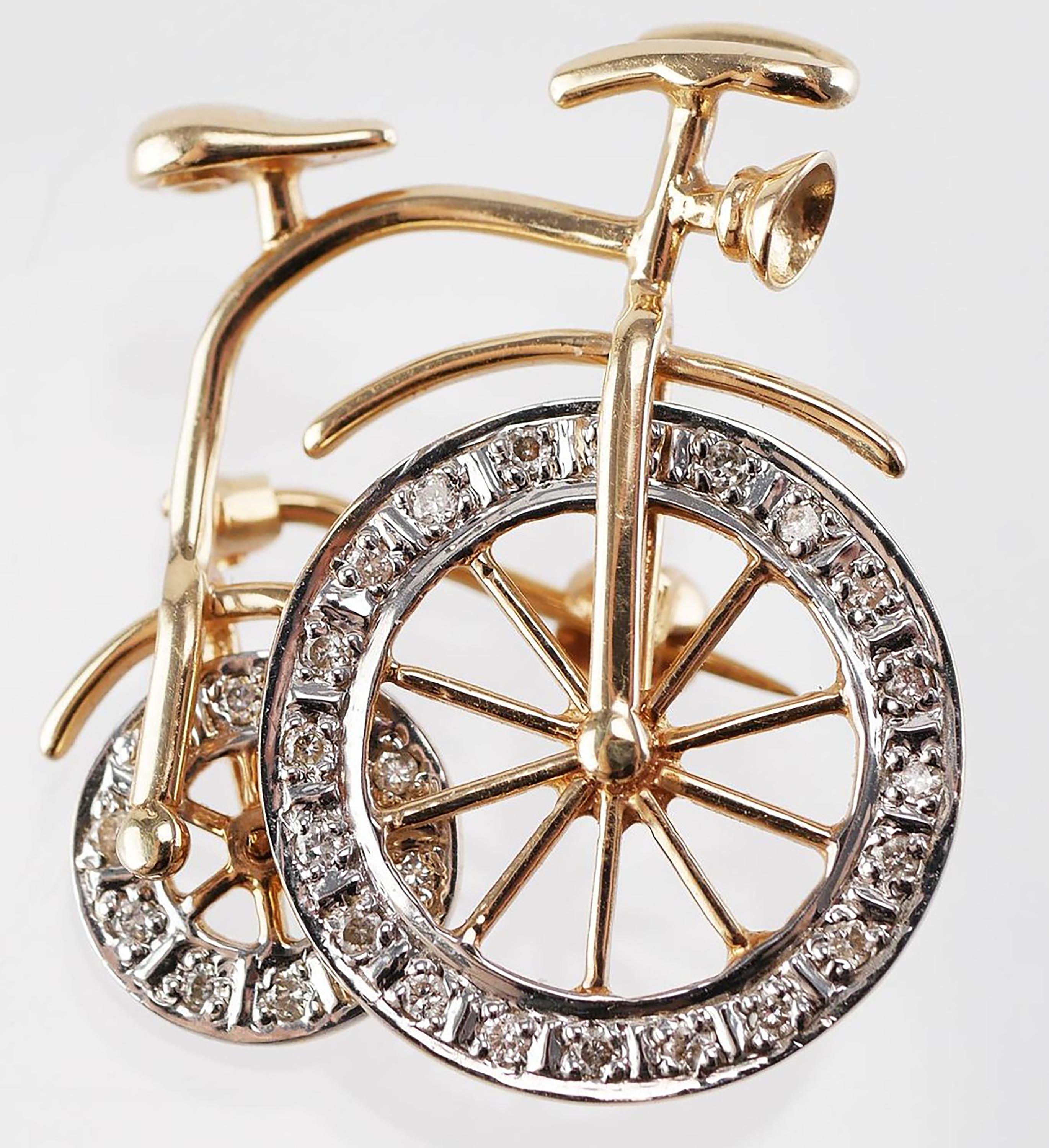 Round Cut Fourteen Karat Yellow and White Gold Bicycle Diamond Brooch 
