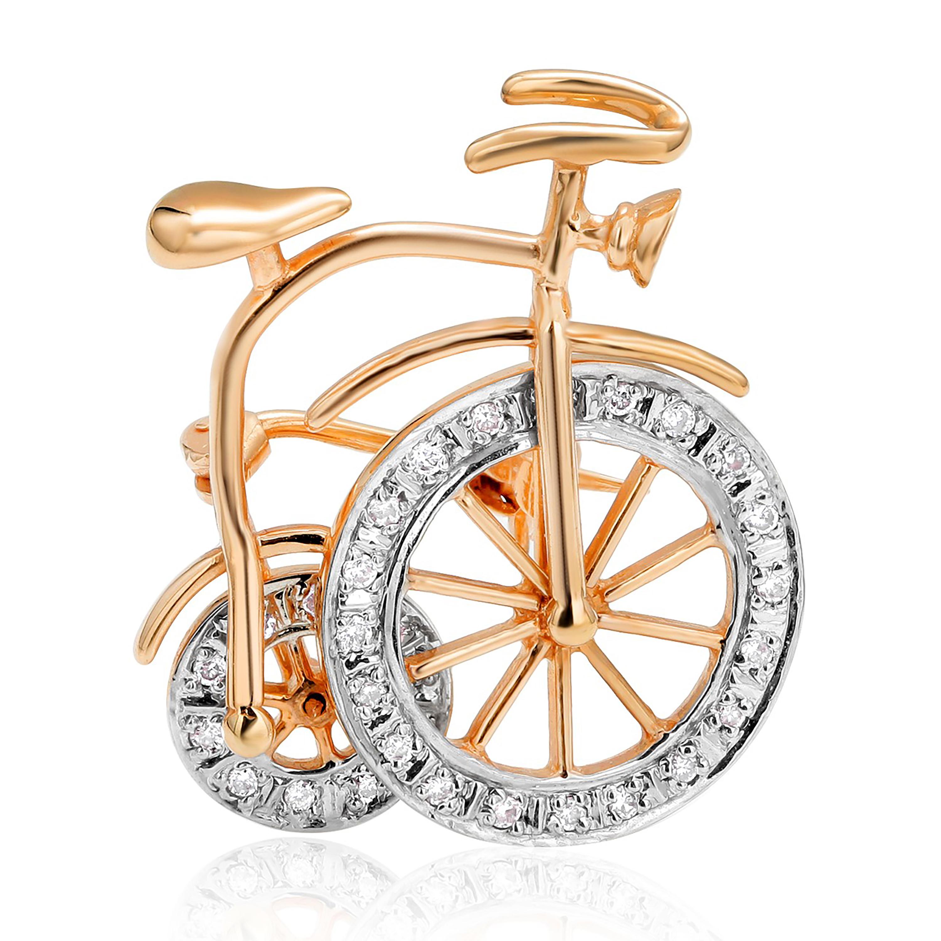 Women's or Men's Fourteen Karat Yellow and White Gold Bicycle Diamond Brooch 