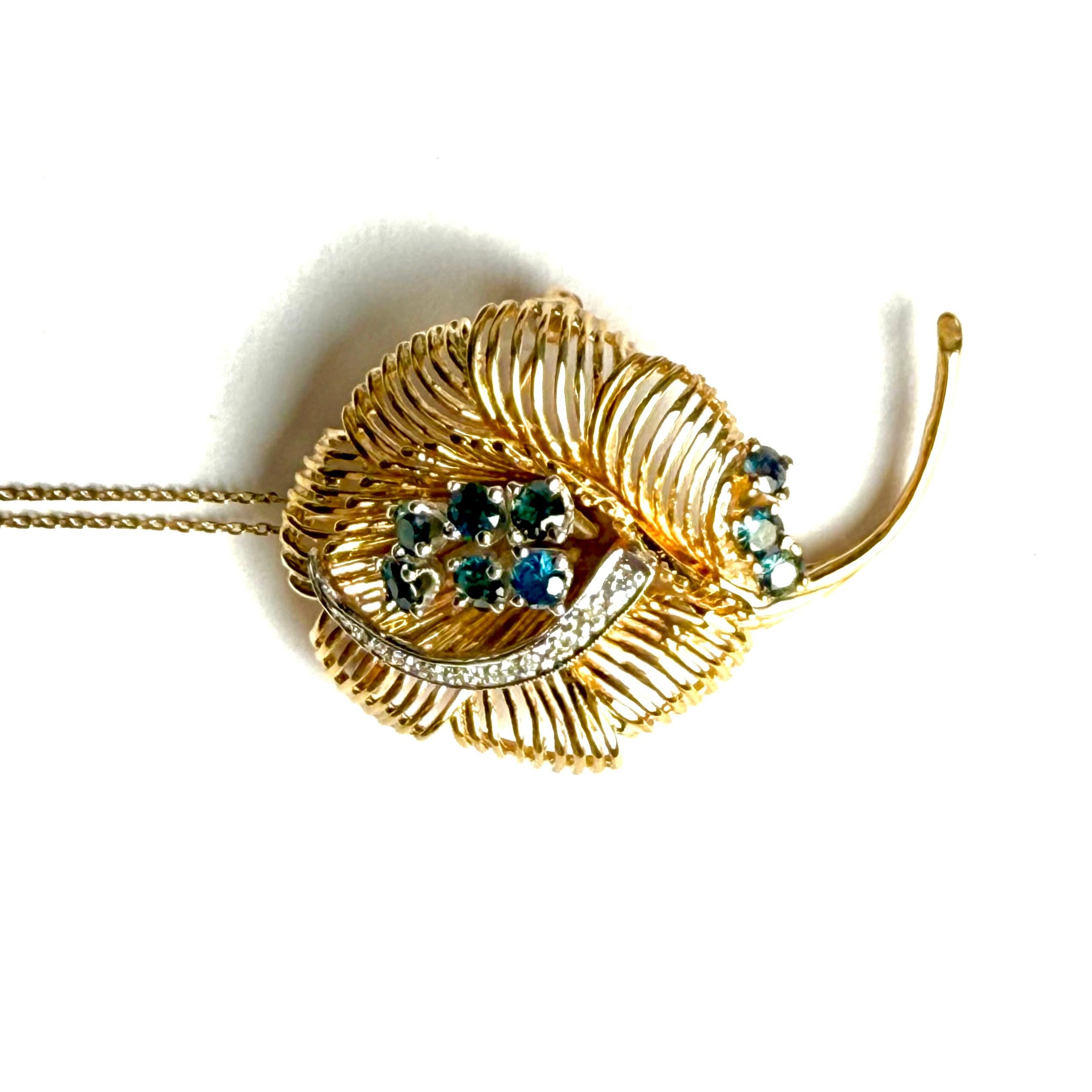 Vintage Fourteen Karat Yellow Gold Diamonds and Sapphires Floral Brooch Pendant For Sale 3
