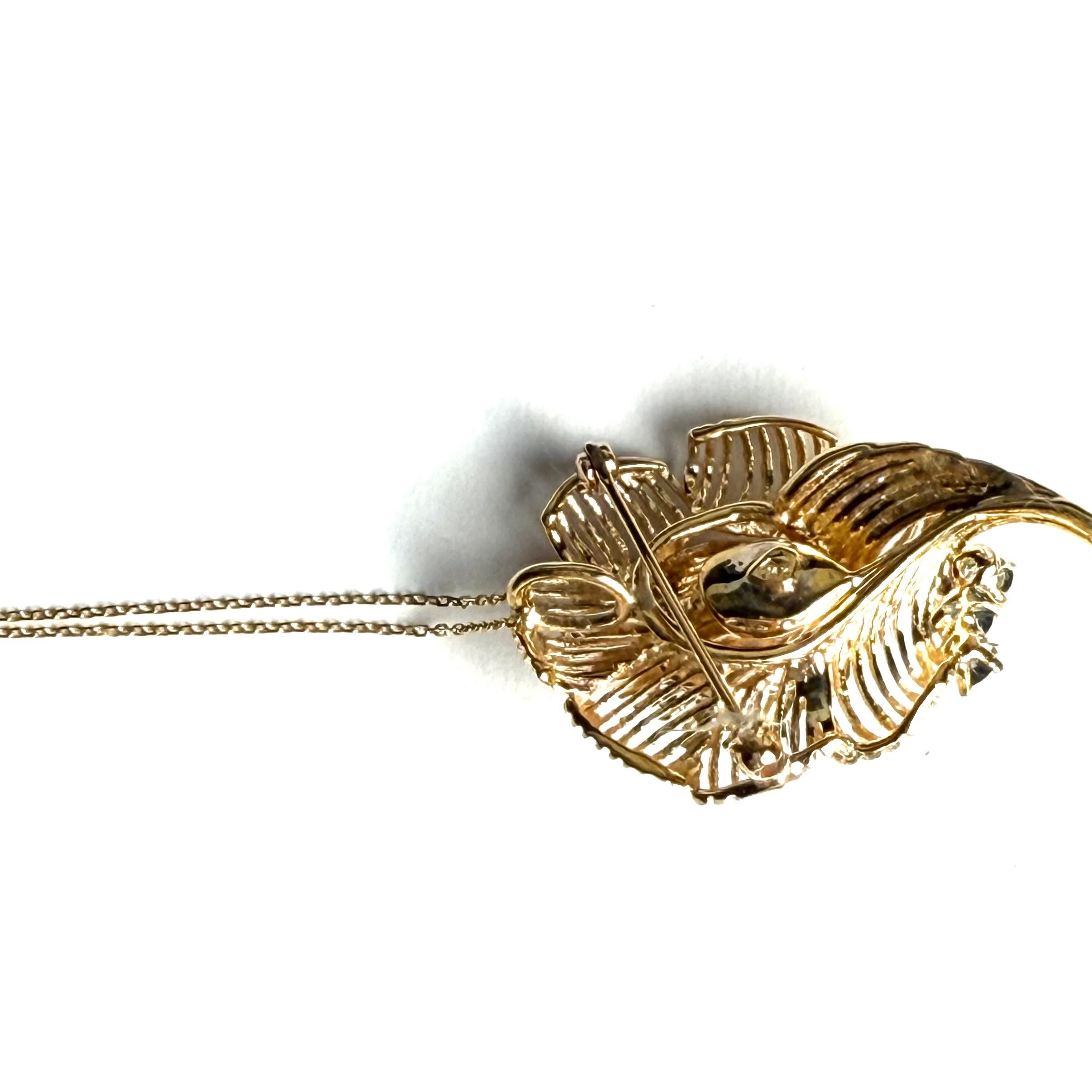 Vintage Fourteen Karat Yellow Gold Diamonds and Sapphires Floral Brooch Pendant For Sale 4