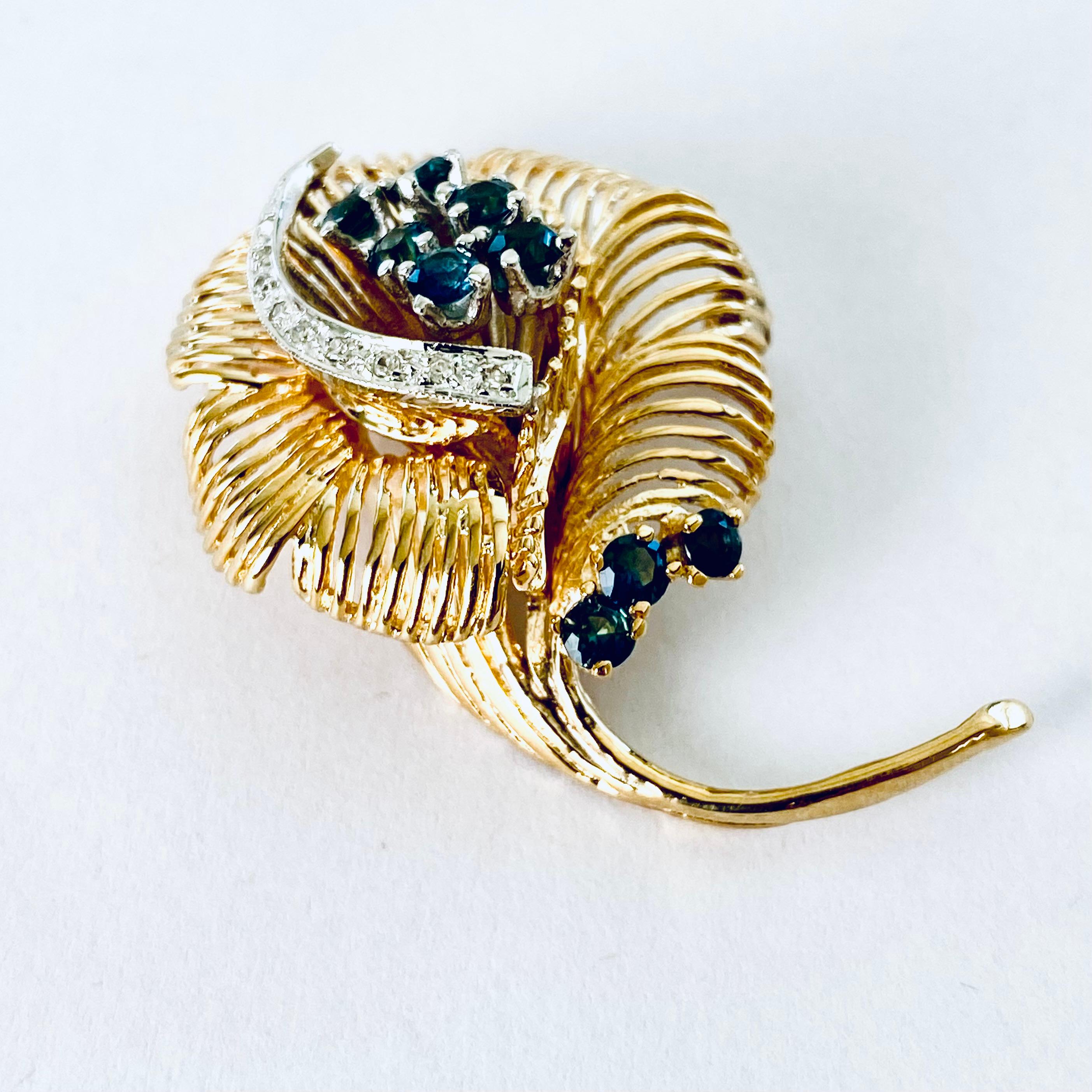 Vintage Fourteen Karat Yellow Gold Diamonds and Sapphires Floral Brooch Pendant  For Sale 6