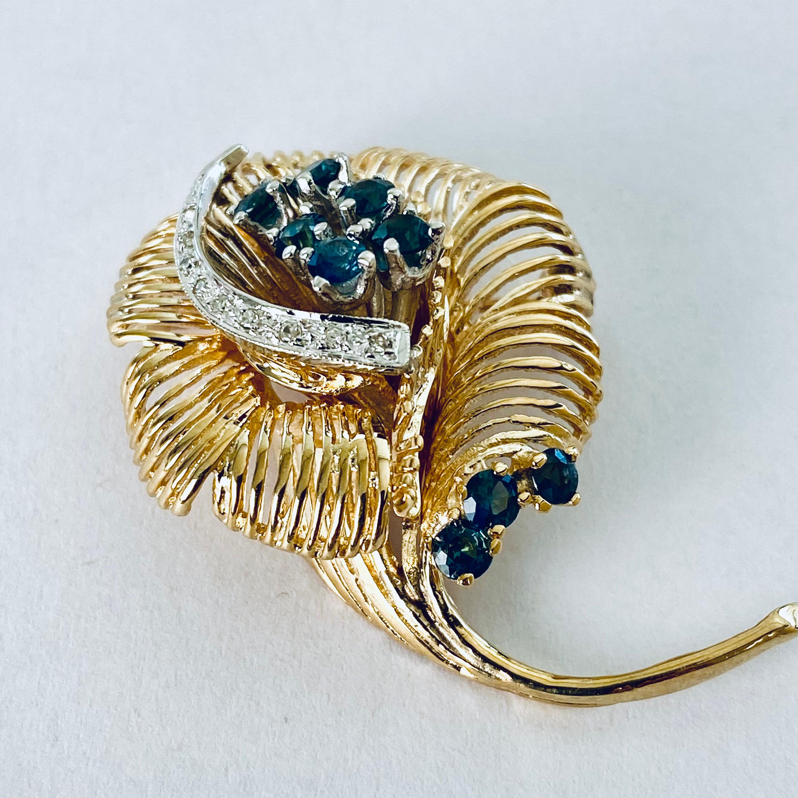 Vintage Fourteen Karat Yellow Gold Diamonds and Sapphires Floral Brooch Pendant  In Good Condition For Sale In New York, NY
