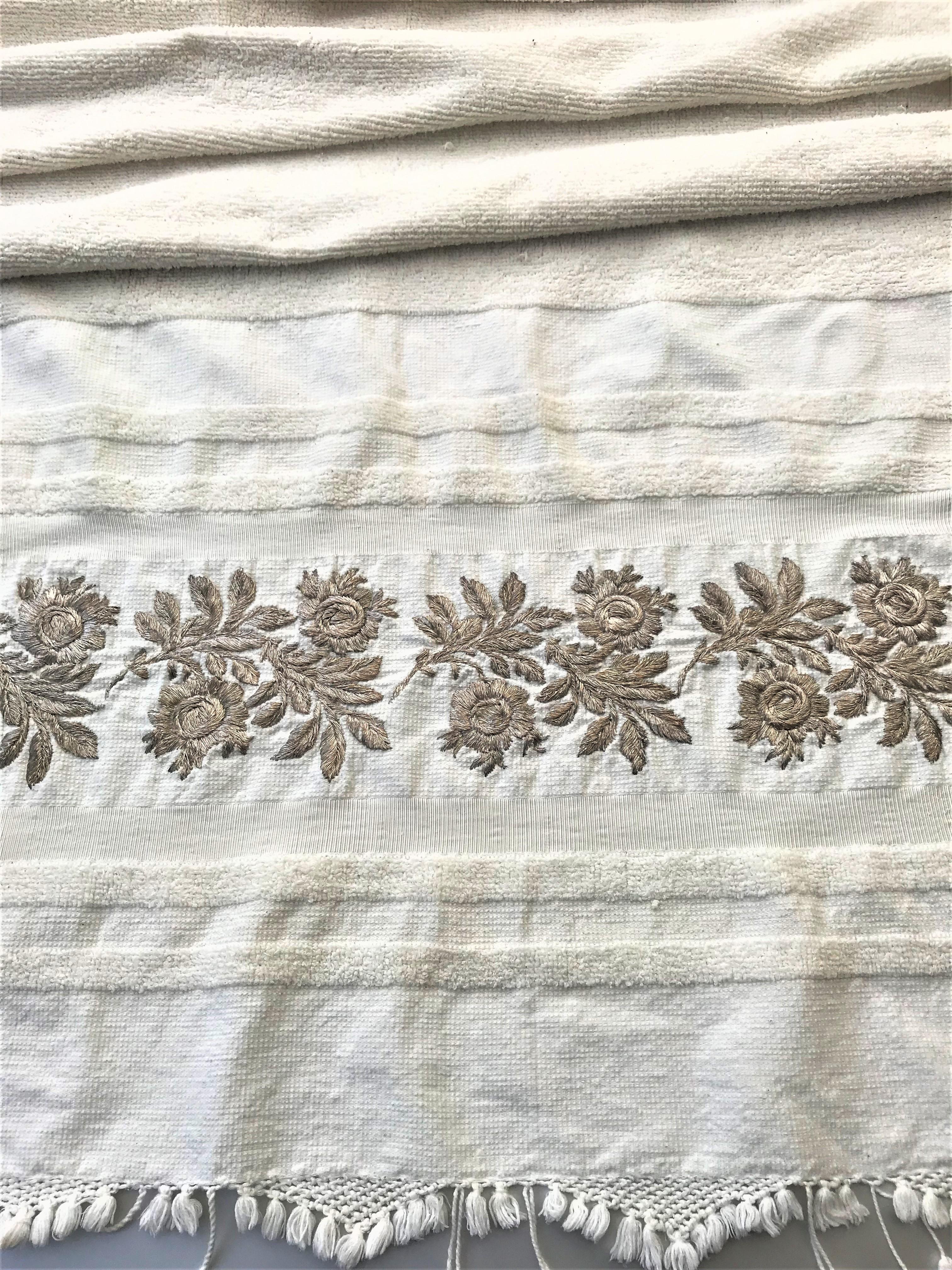 Vintage fouta hammam Handtuch 100% Baumwolle bestickt mit silberner Stickerei   im Angebot 5
