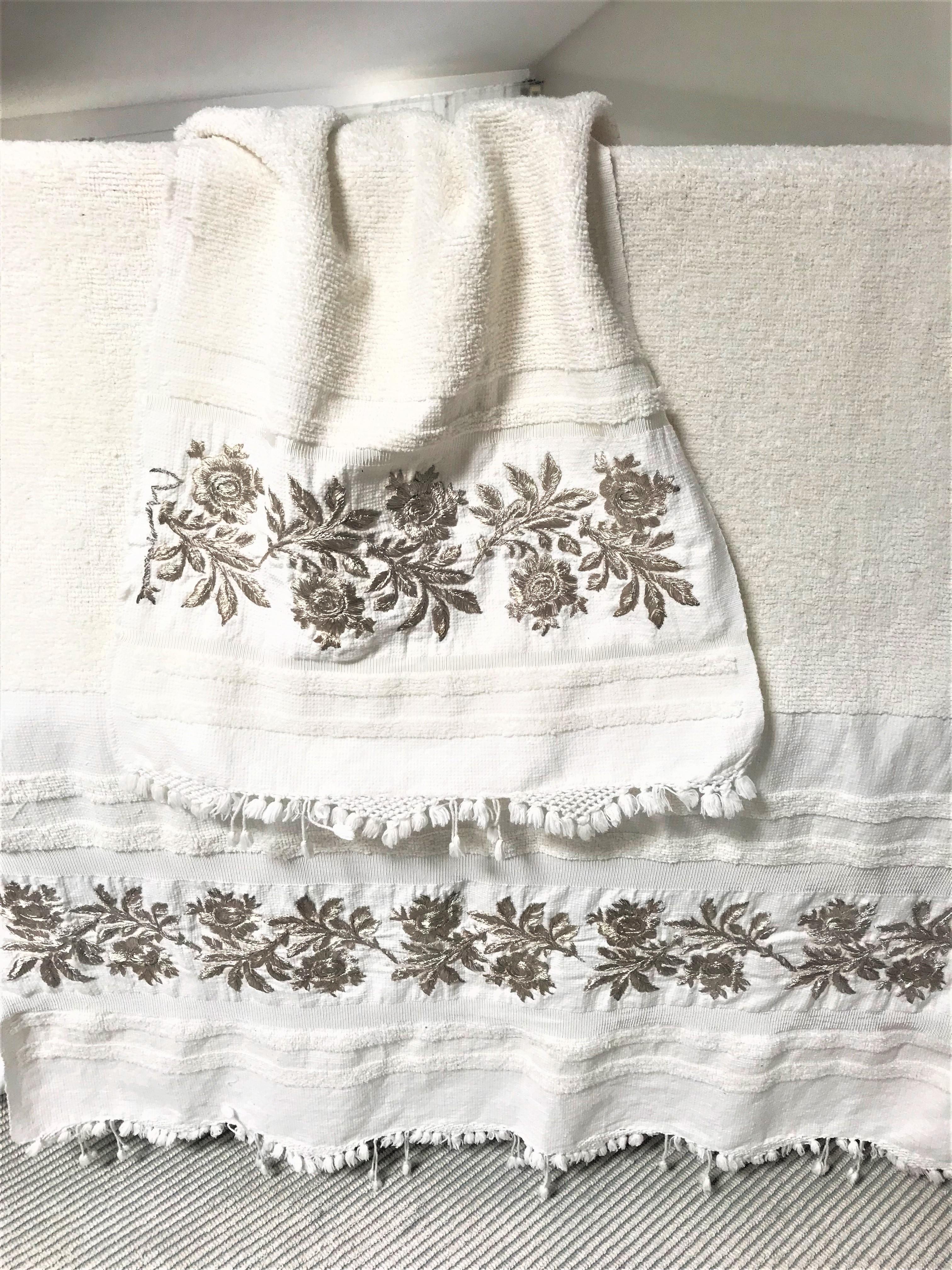 Vintage fouta hammam Handtuch 100% Baumwolle bestickt mit silberner Stickerei   im Angebot 8