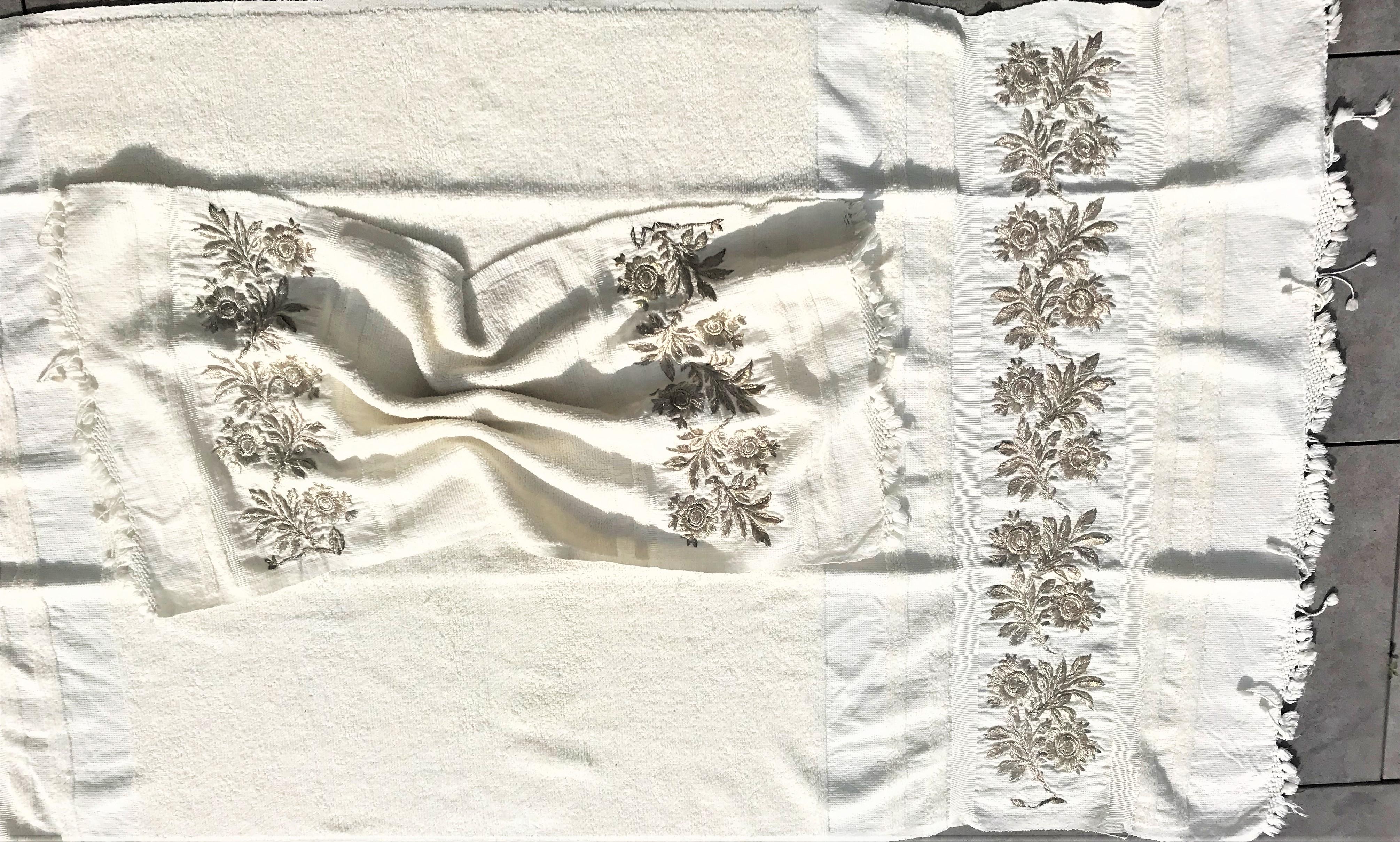 Vintage fouta hammam Handtuch 100% Baumwolle bestickt mit silberner Stickerei   im Angebot 4