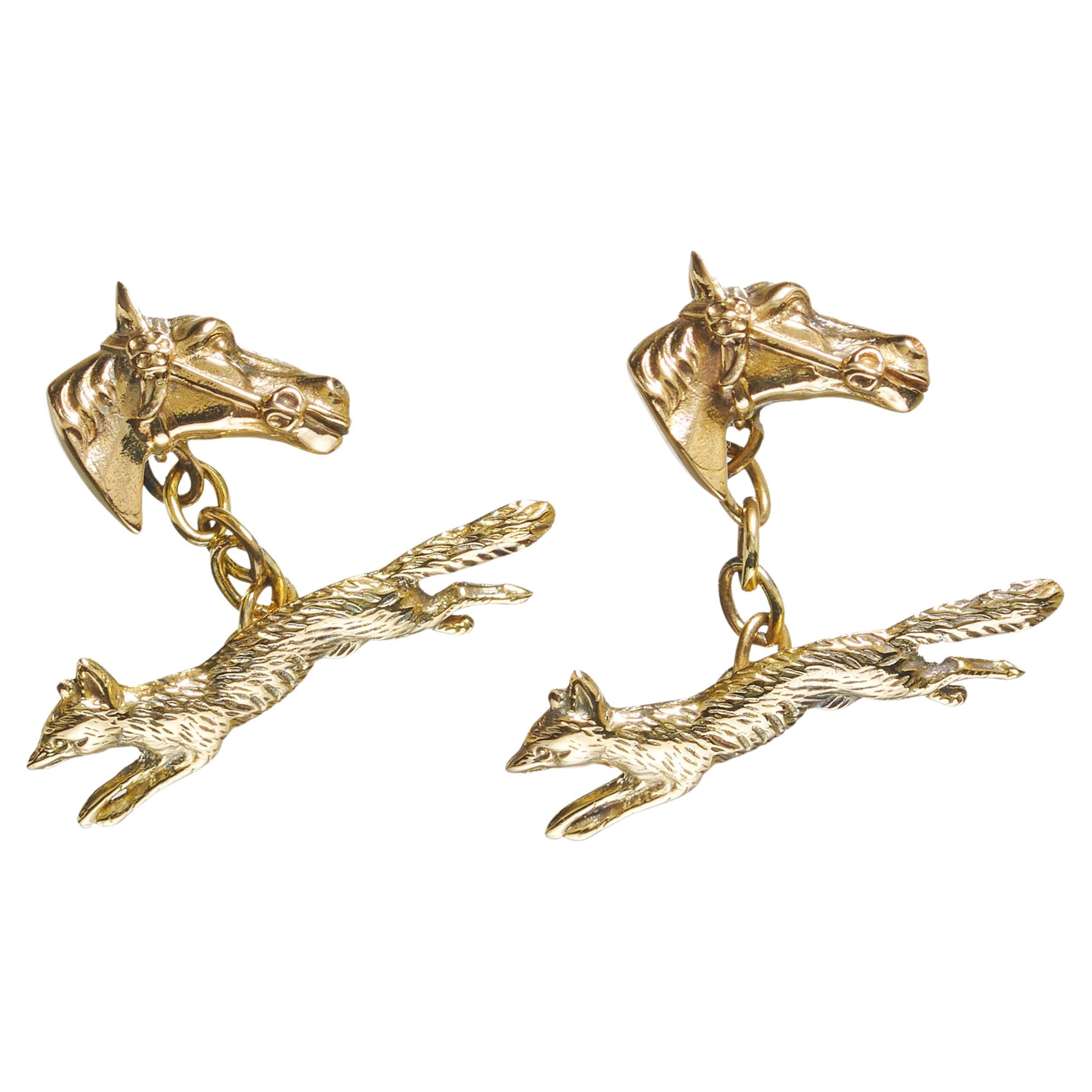 Vintage Fox And Horse 14 Karat Gold Hunting Cufflinks, Circa 1940 For Sale