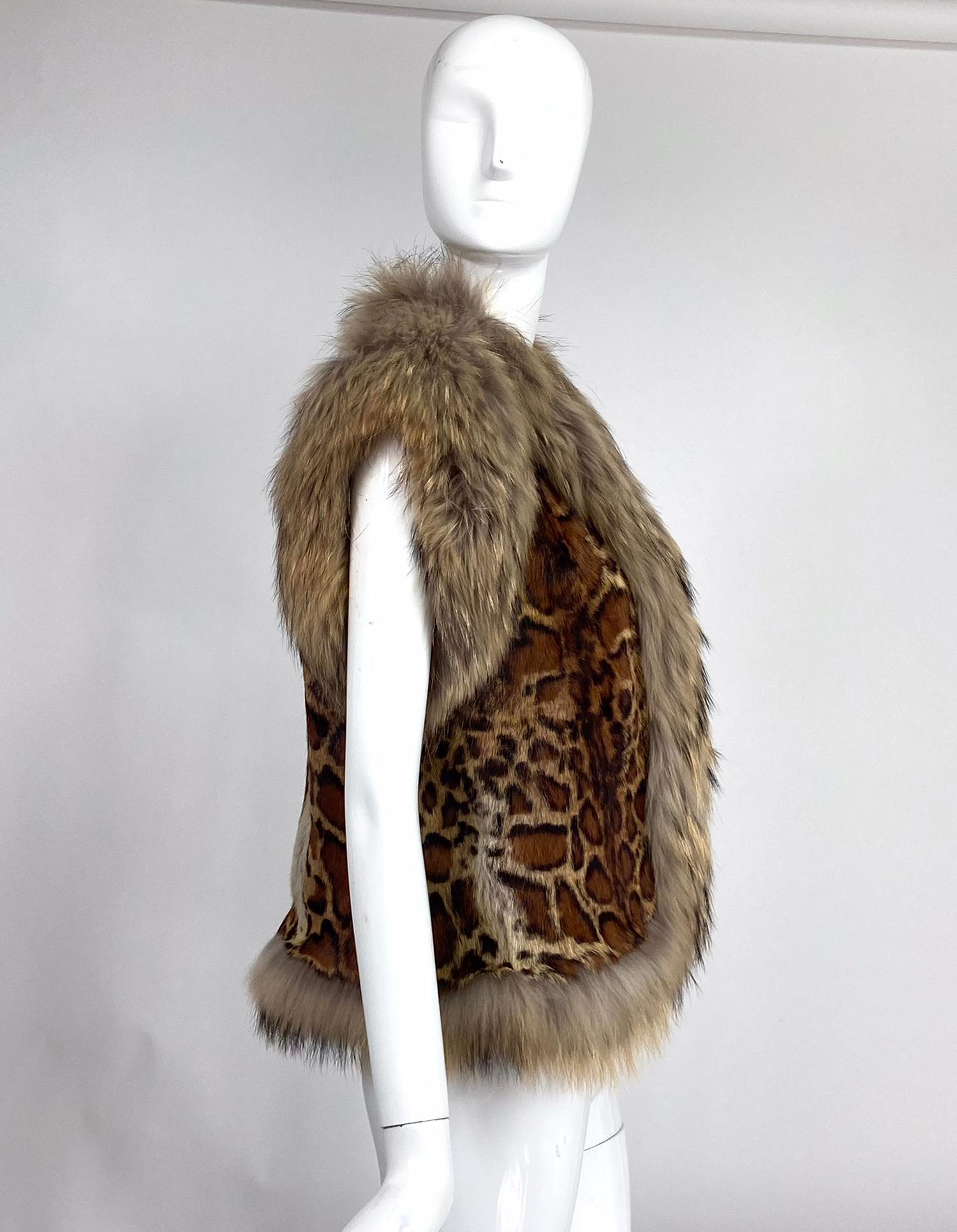 Brown Vintage Fox Fur & Stenciled Faux Ocelot Fur Gilet 1970s
