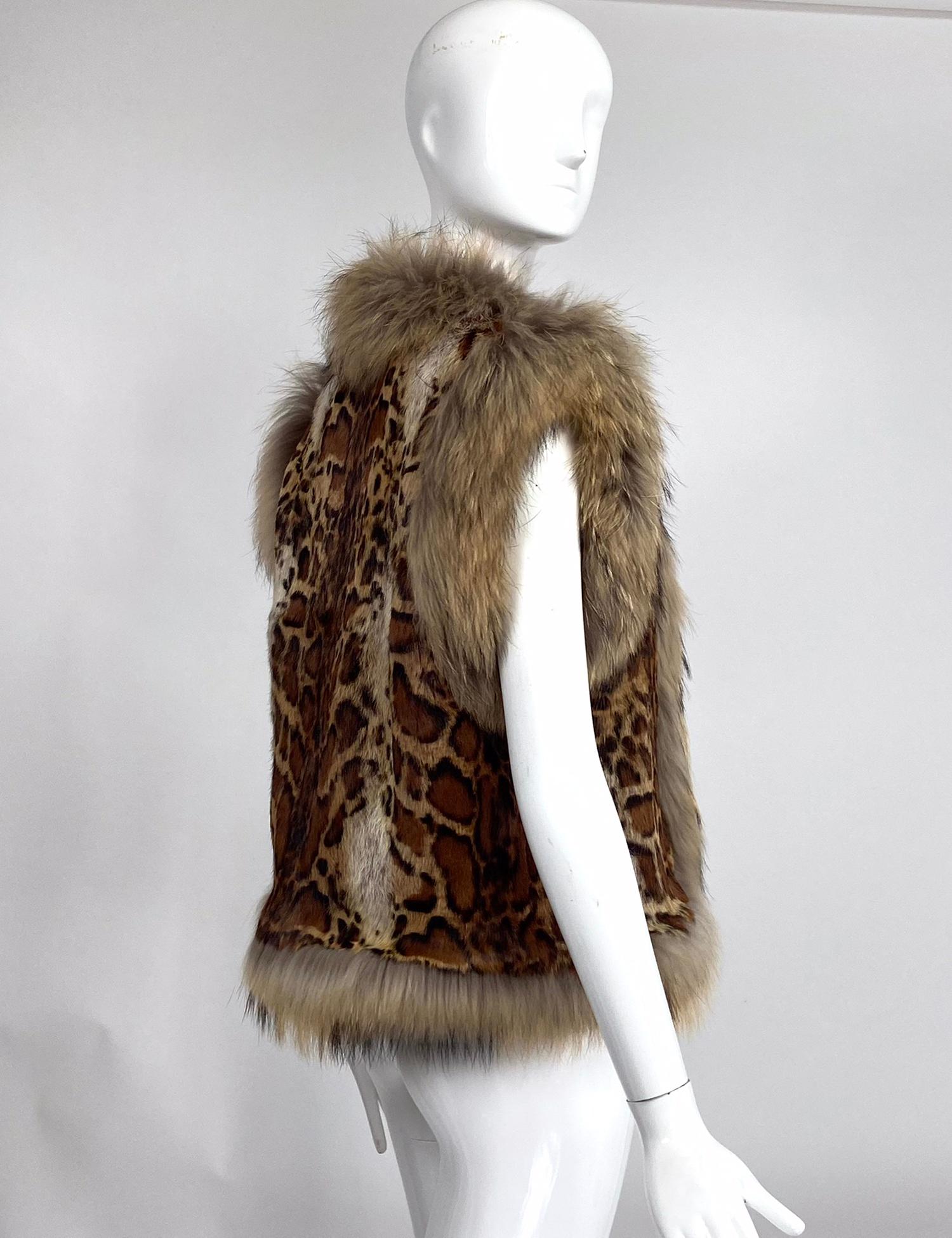 Vintage Fox Fur & Stenciled Faux Ocelot Fur Gilet 1970s In Good Condition In West Palm Beach, FL