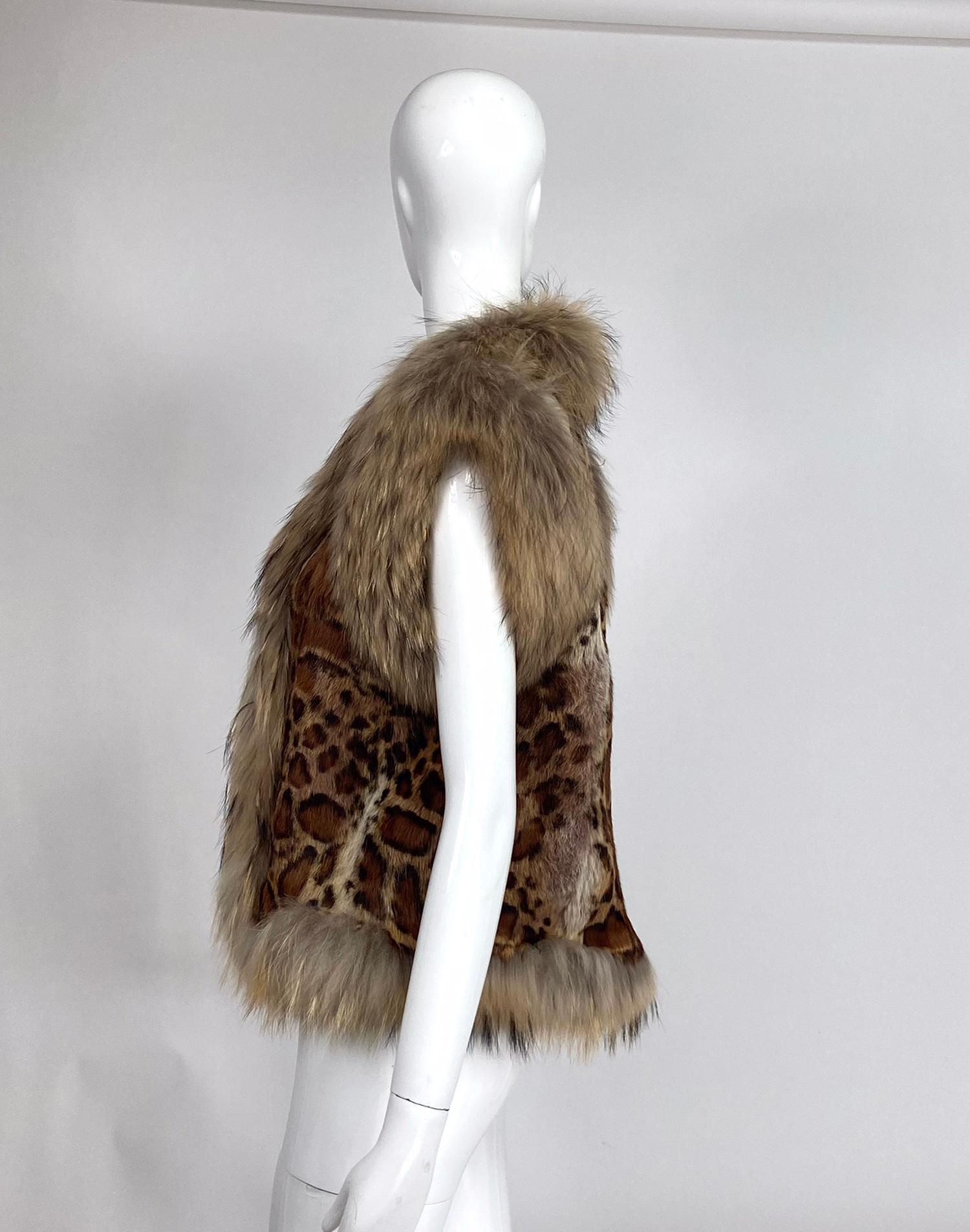 Vintage Fox Fur & Stenciled Faux Ocelot Fur Gilet 1970s 1