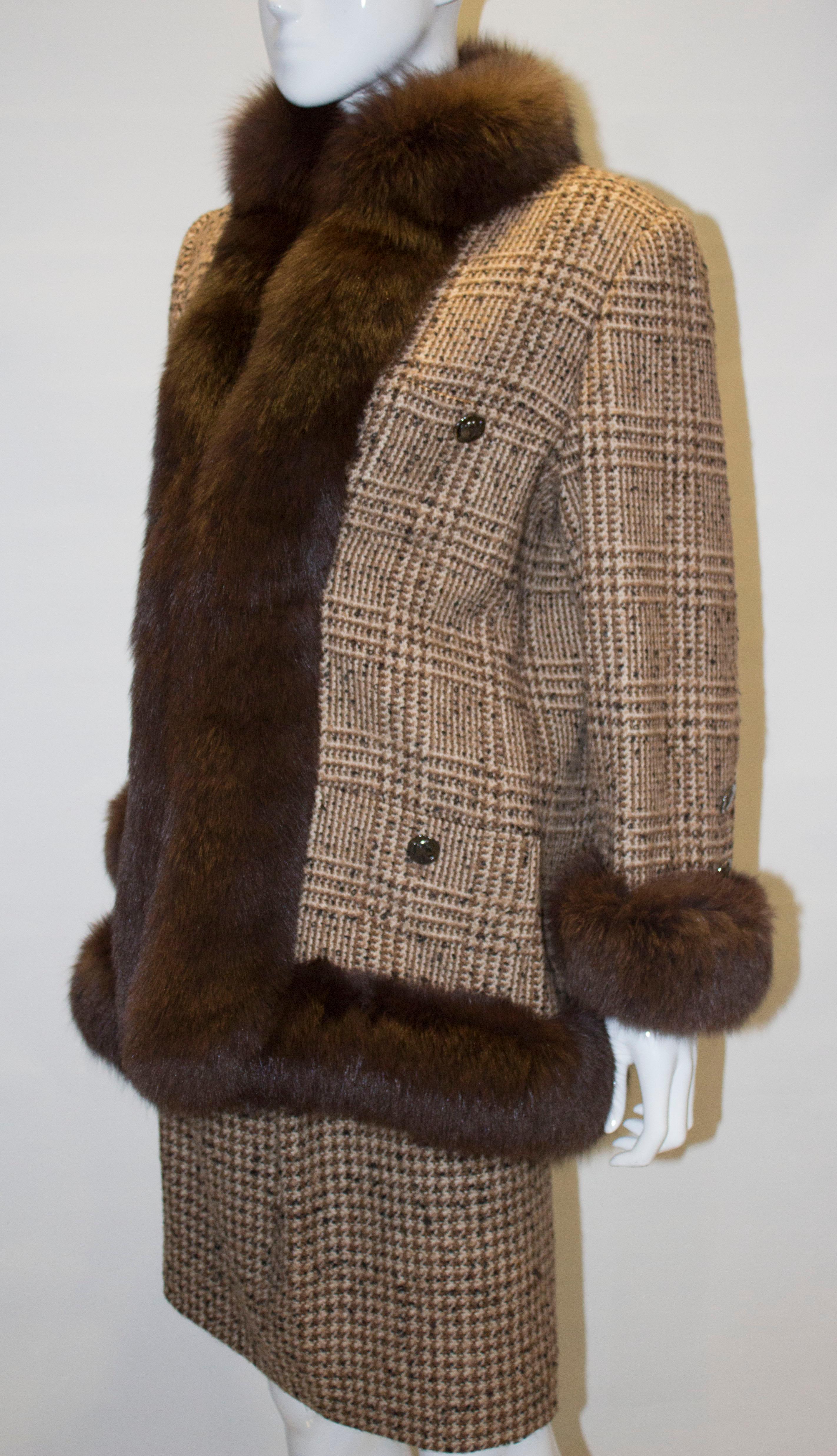 Brown Vintage Fox Fur Trimmed Skirt Suit