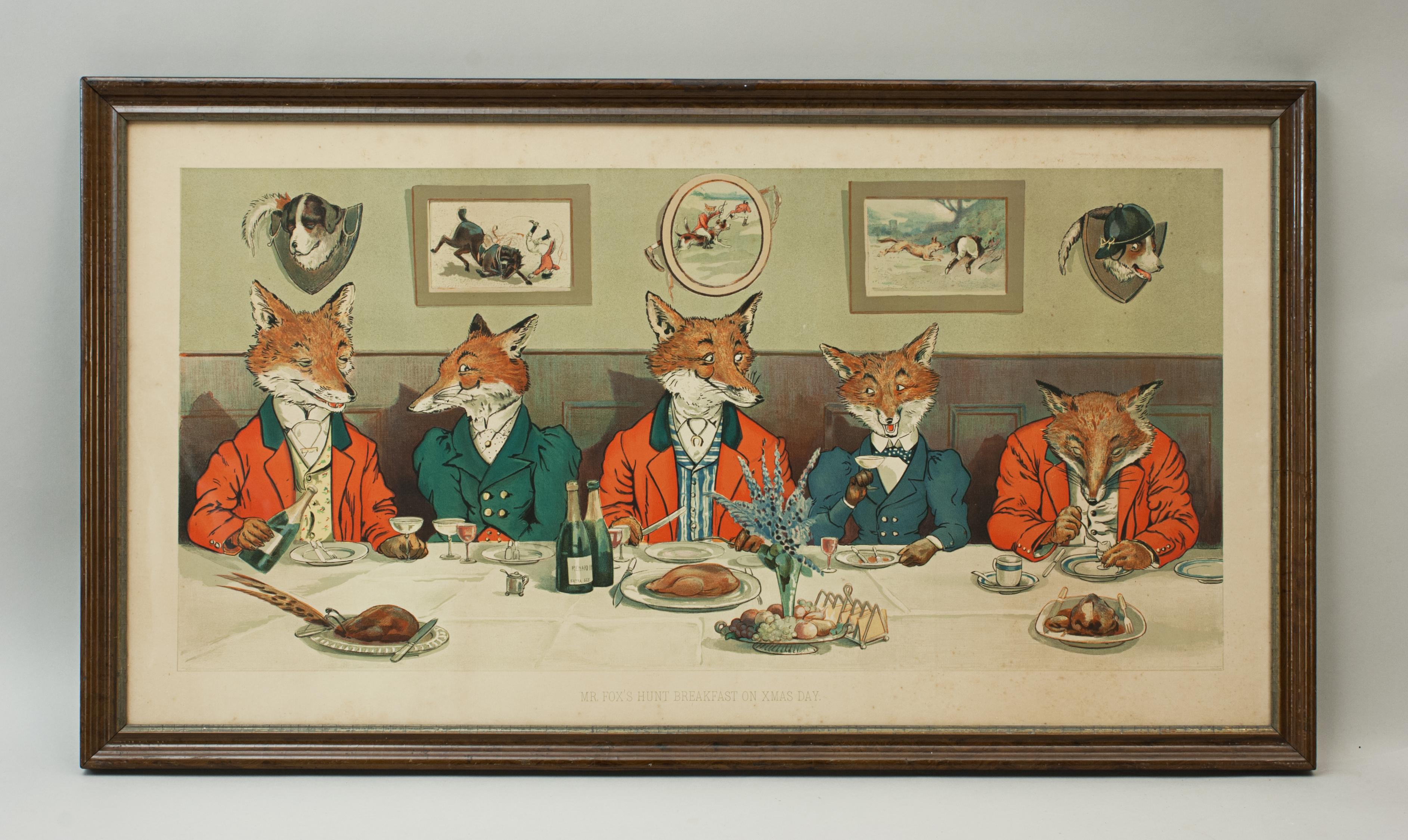 Vintage fox hunting print.
A very colorful original chromolithograph after Harry Neilson, 'Mr. Fox's Hunt Breakfast on Xmas Day'. A humorous hunting picture in very good original condition, with title, and original frame. Printed for The Penny