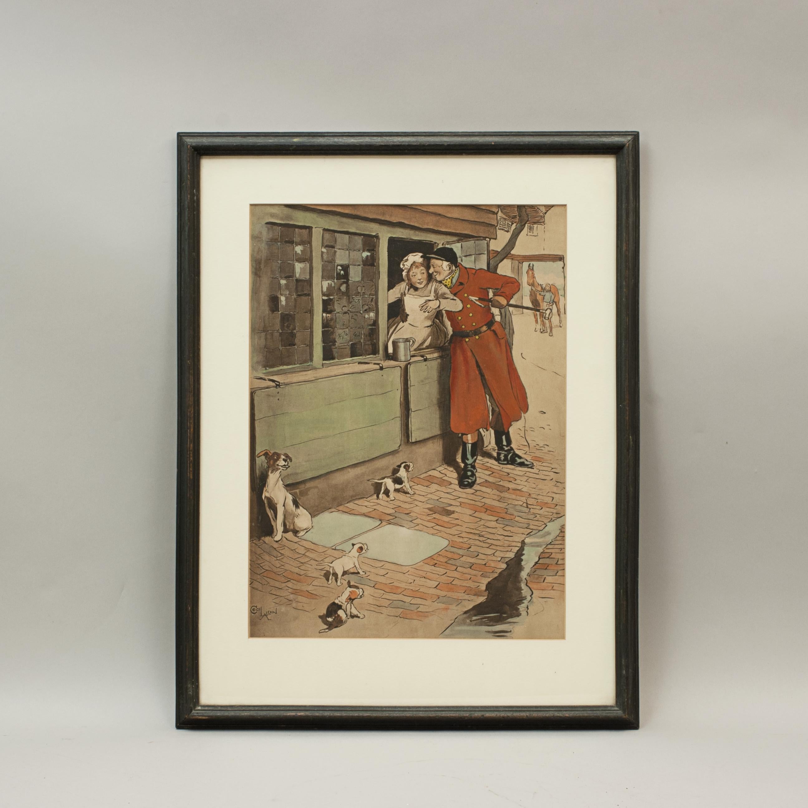 Vintage hunting print
An original fox hunting lithograph print 'The Amorous Huntsman' depicting a huntsman flirting with a serving girl through a window. A very rare hand colored lithograph by Cecil Aldin, circa 1905. As with a lot of Aldin's