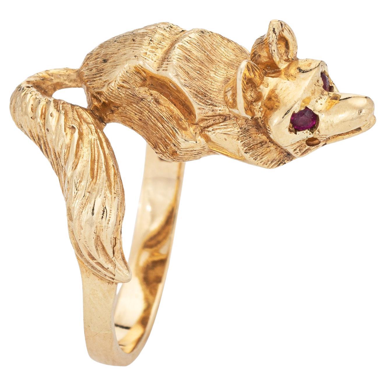 Vintage Fox Ring 14k Yellow Gold Ruby Eyes Estate Fine Animal Jewelry For Sale