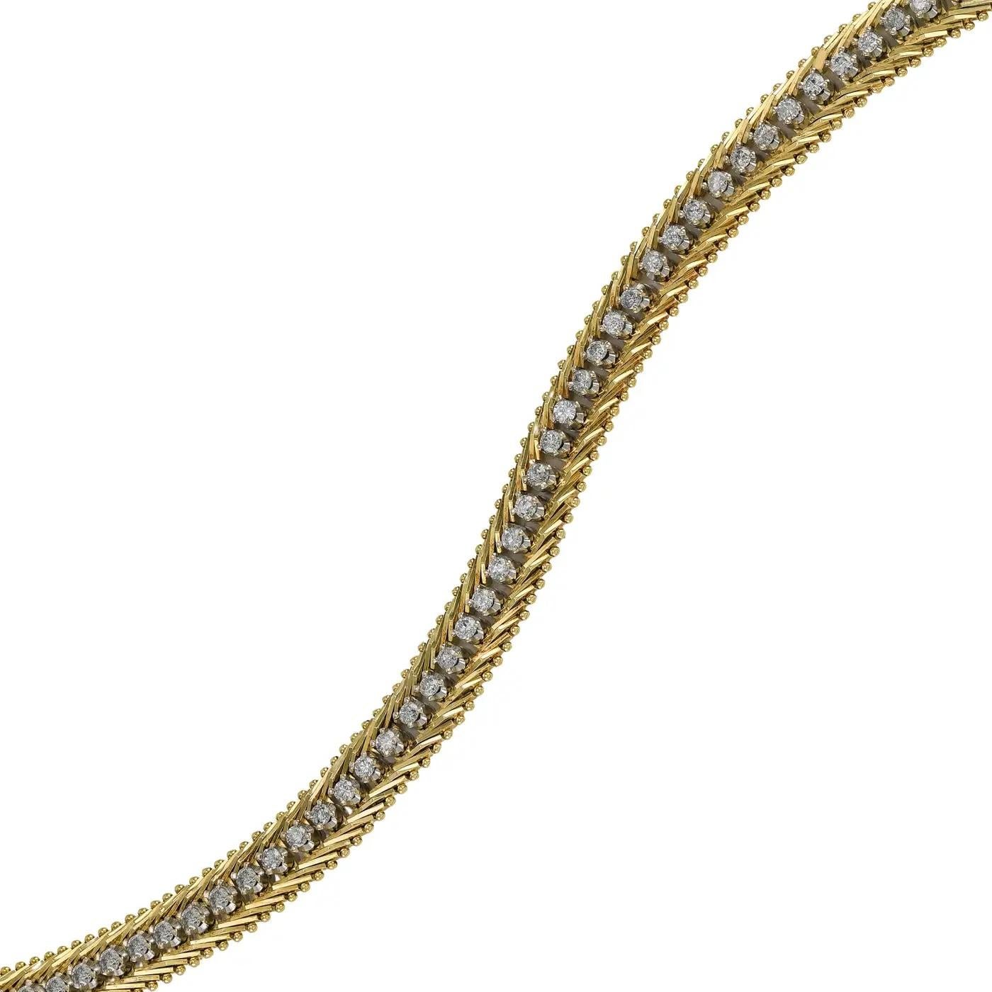 Taille ronde Vintage Foxtail Diamond Tennis Bracelet en or, Circa 1960-1970's Modernist en vente