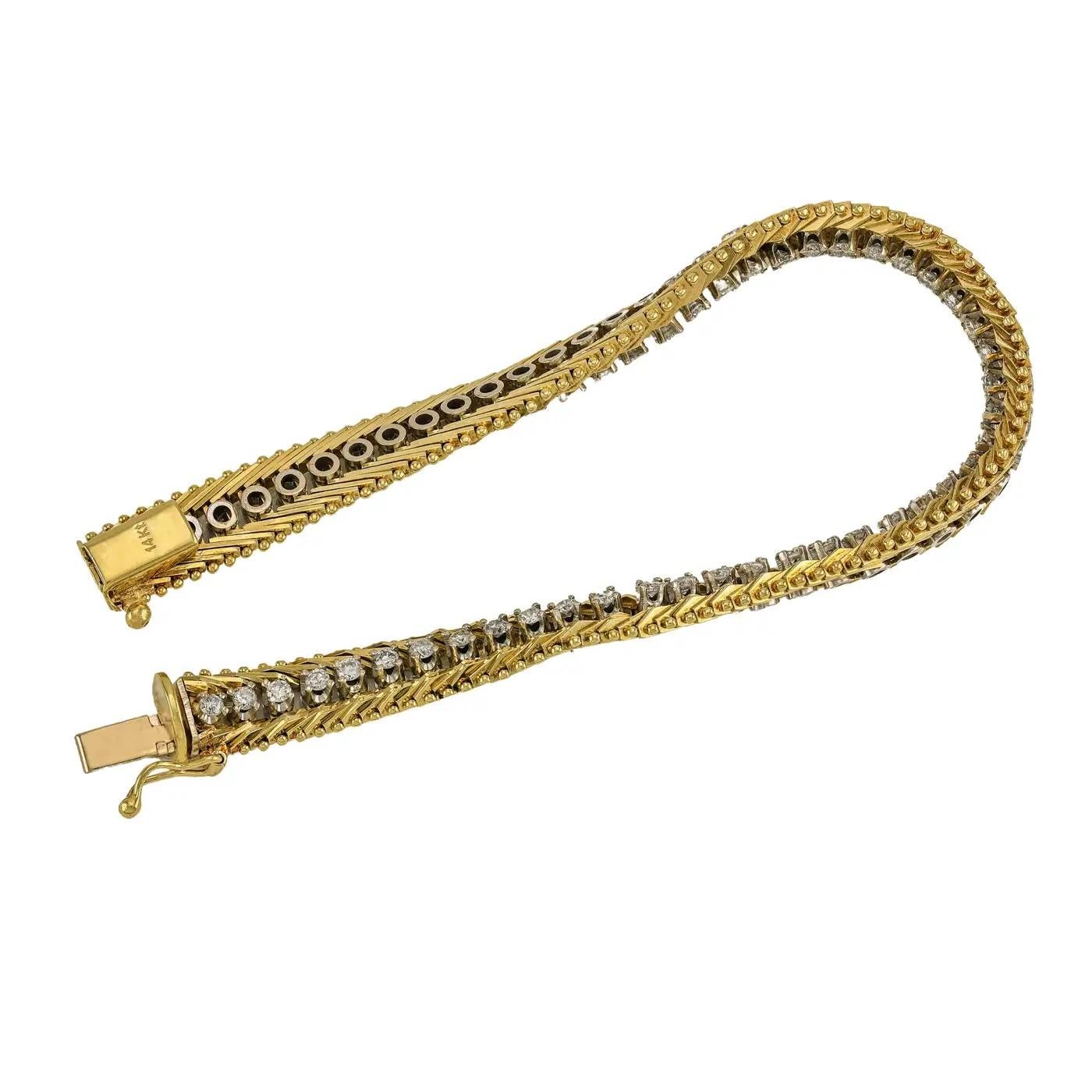 Vintage Foxtail Diamond Tennis Bracelet en or, Circa 1960-1970's Modernist Pour femmes en vente