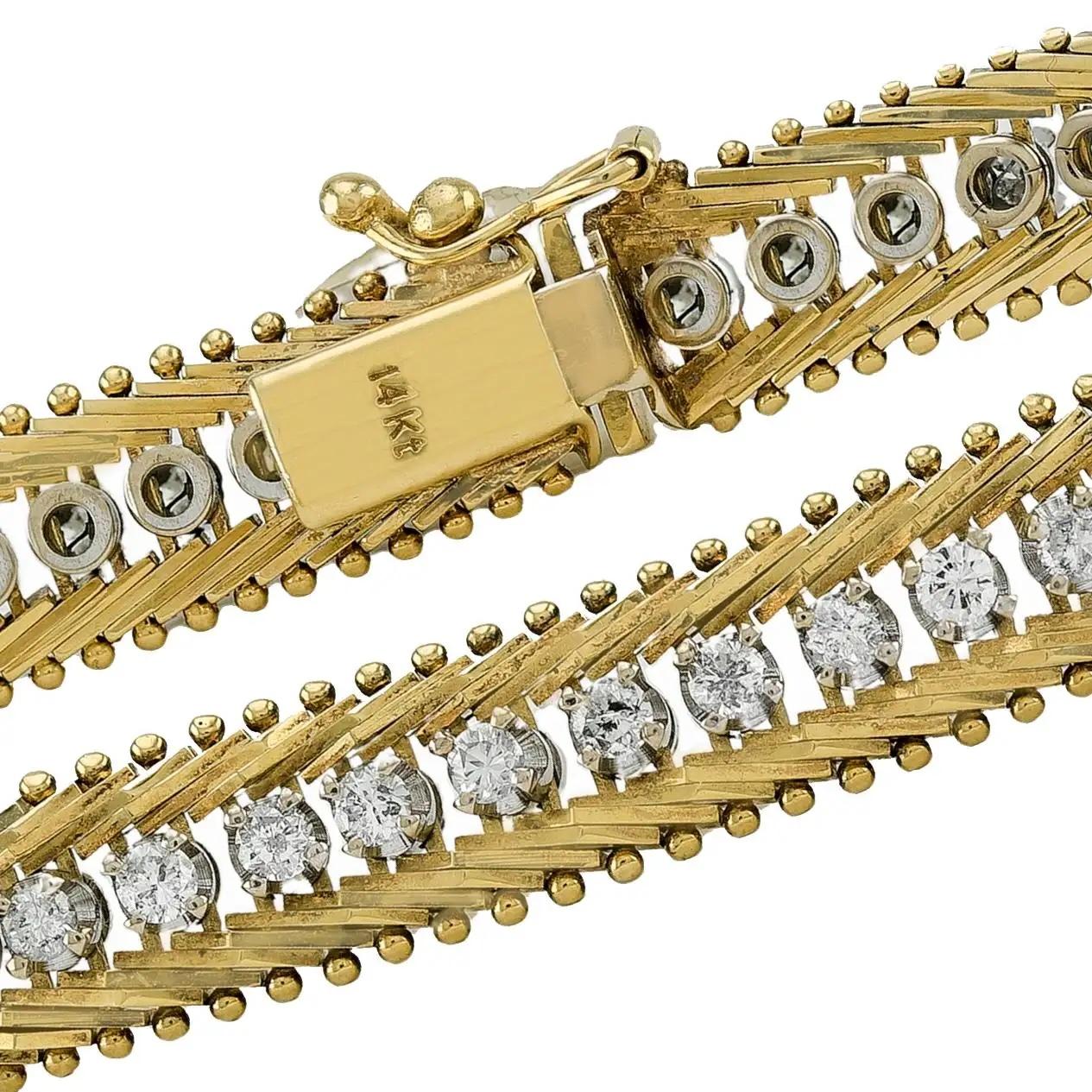 Vintage Foxtail Diamond Tennis Bracelet en or, Circa 1960-1970's Modernist en vente 1