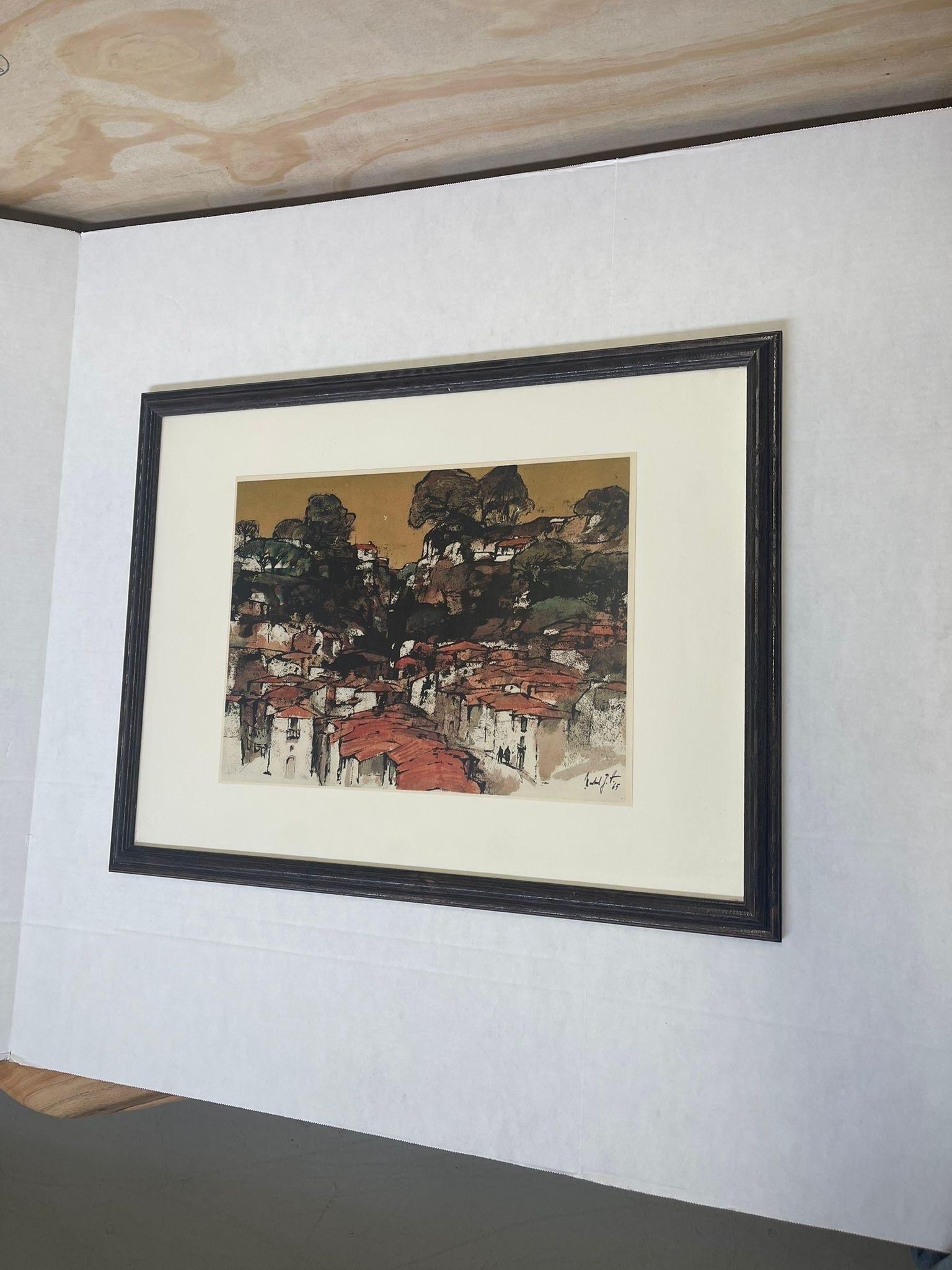 Mid-Century Modern Vintage Framed and Signed Art Print Mountain Village in Portugal by Hartmann en vente