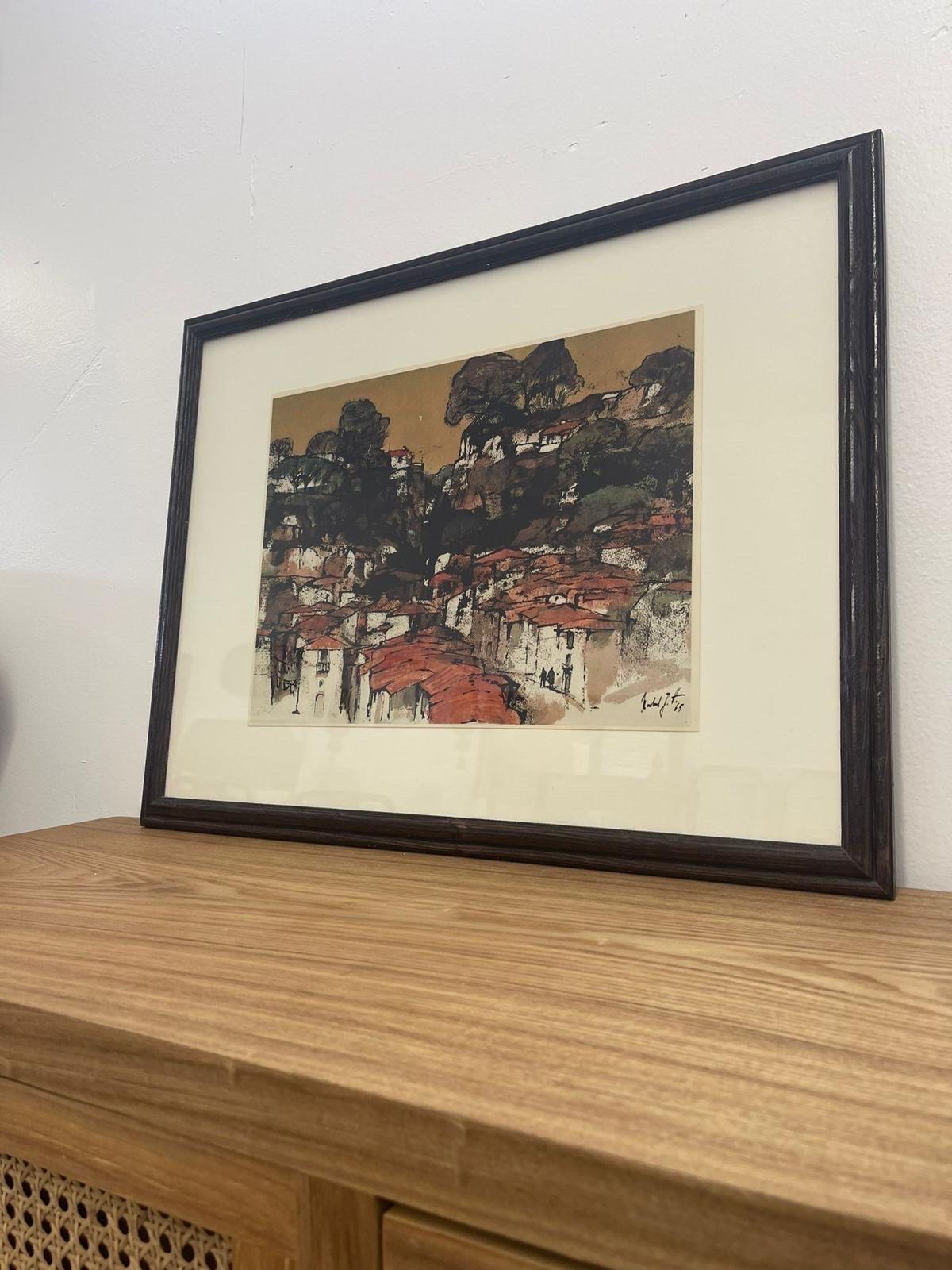 Vintage Framed and Signed Art Print “Mountain Village in Portugal” by Hartmann In Good Condition For Sale In Seattle, WA