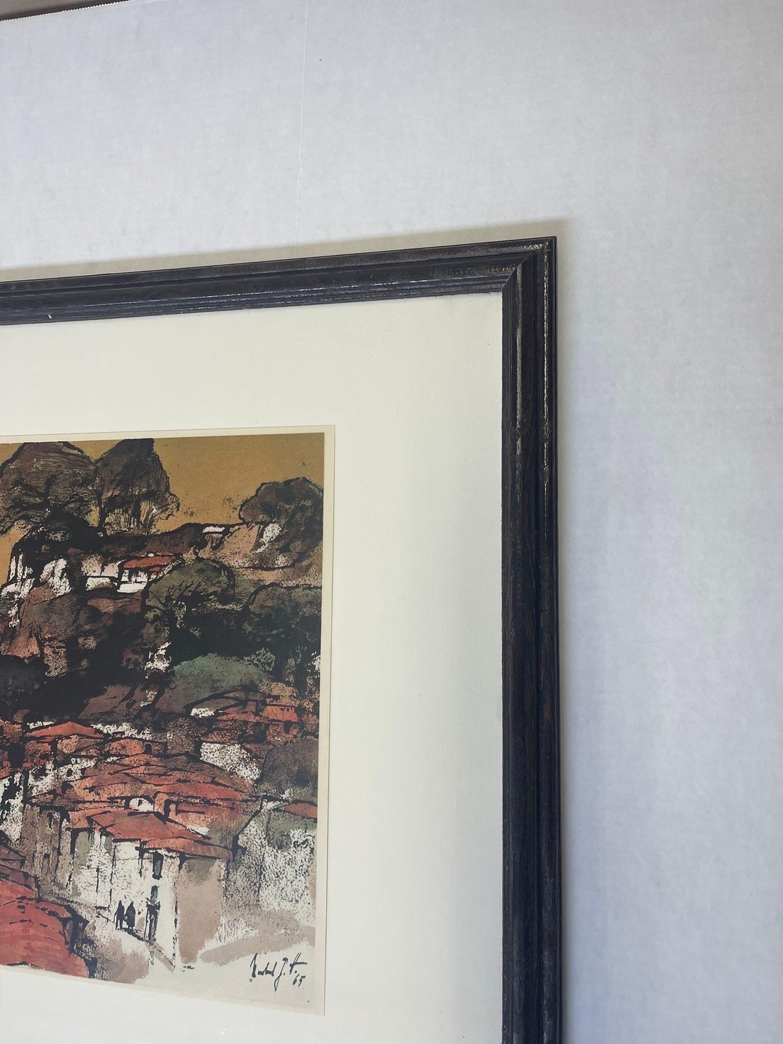 Late 20th Century Vintage Framed and Signed Art Print “Mountain Village in Portugal” by Hartmann For Sale