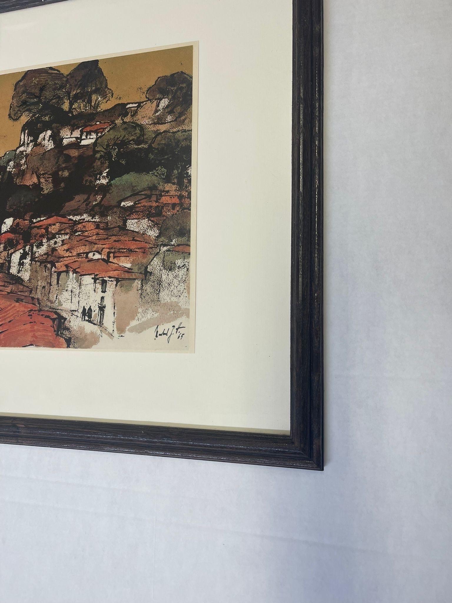 Wood Vintage Framed and Signed Art Print “Mountain Village in Portugal” by Hartmann For Sale