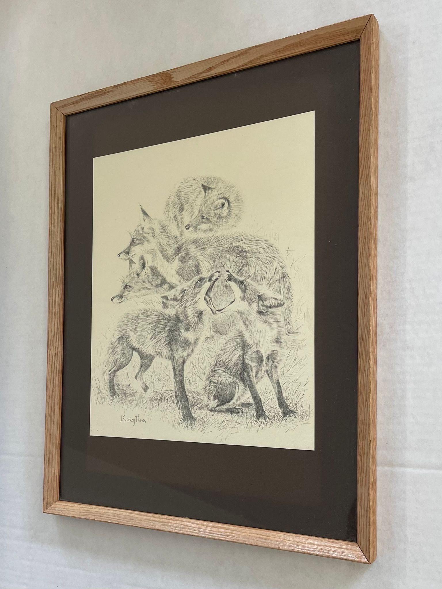 Mid-Century Modern Vintage Framed and Signed Artwork of Foxes. For Sale