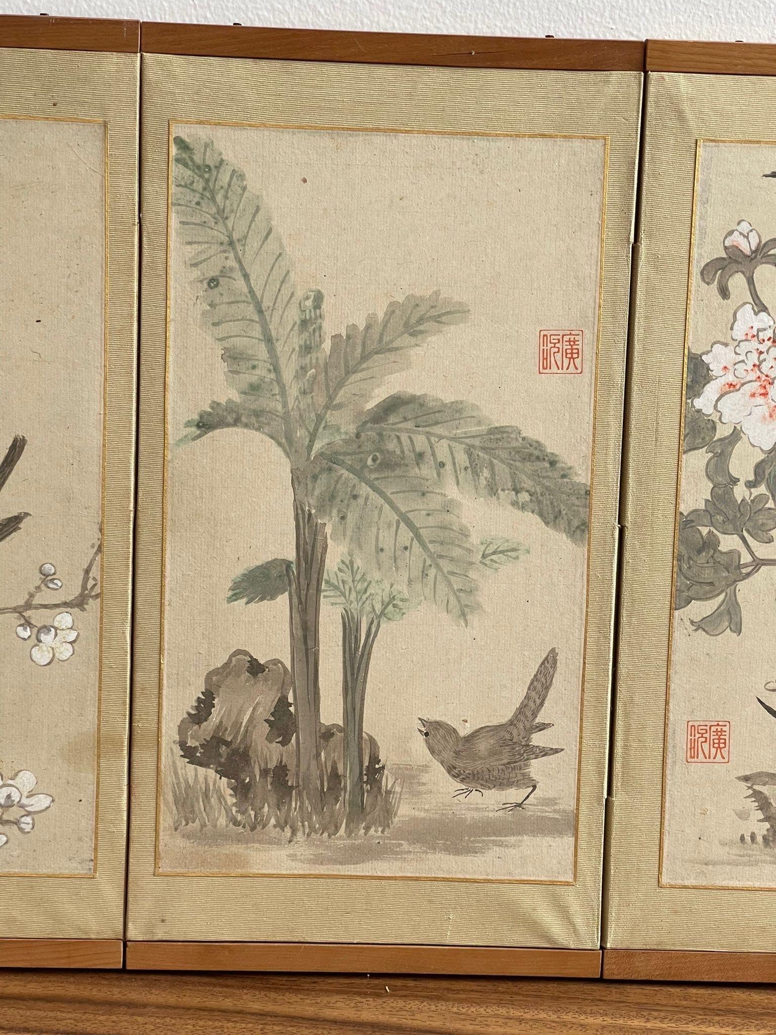 Fin du 20e siècle Vieille peinture japonaise à 6 panneaux, encadrée et signée, dans un cadre en bois.