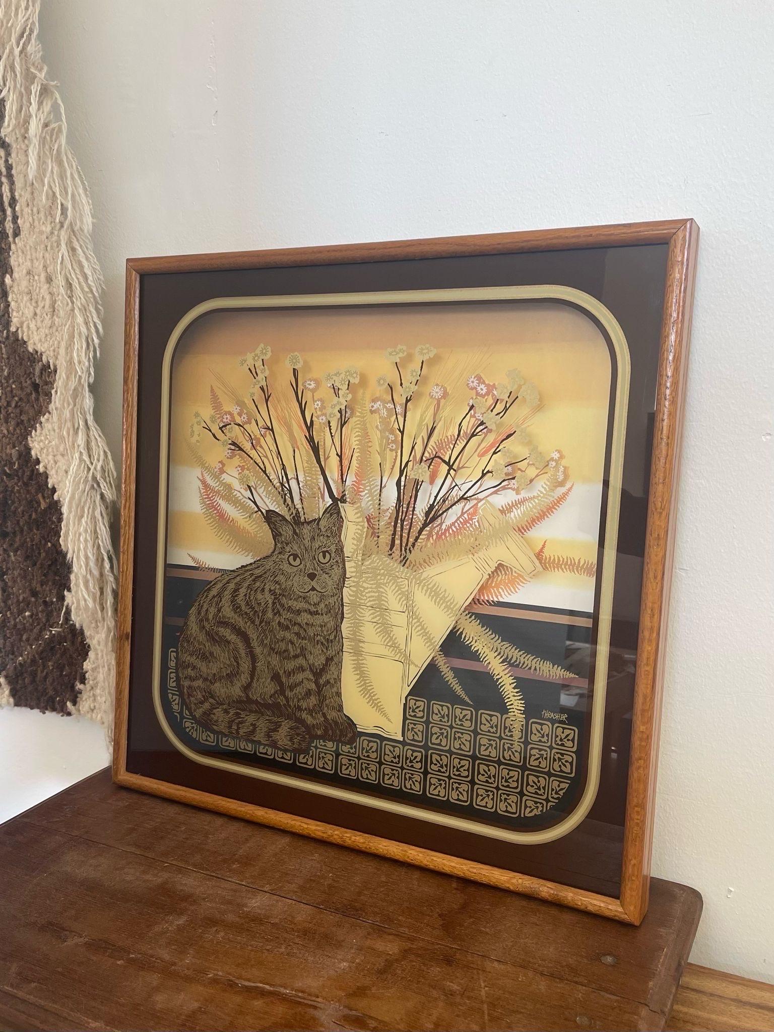 Made by California Artist Virgil Thrasher in the 1970s.
Brown mustard, and gold tones reflective of the period.A combination of reverse painting on glass, coordinated with a recessed scenic background gives a Contemporary Mid Century Style. Vintage