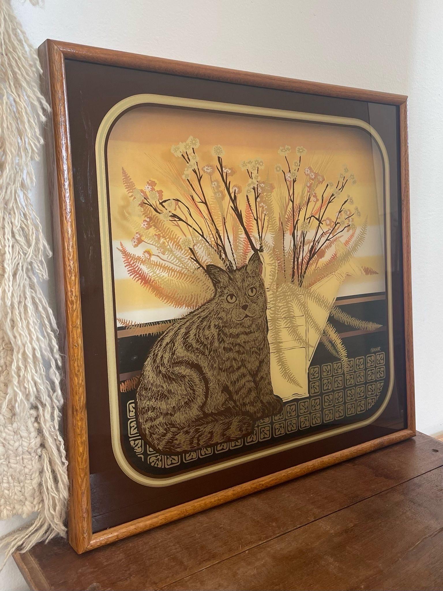 Mid-Century Modern Vintage Framed and Signed Mid Century Artwork by Virgil Thrasher shadow Box Cat For Sale