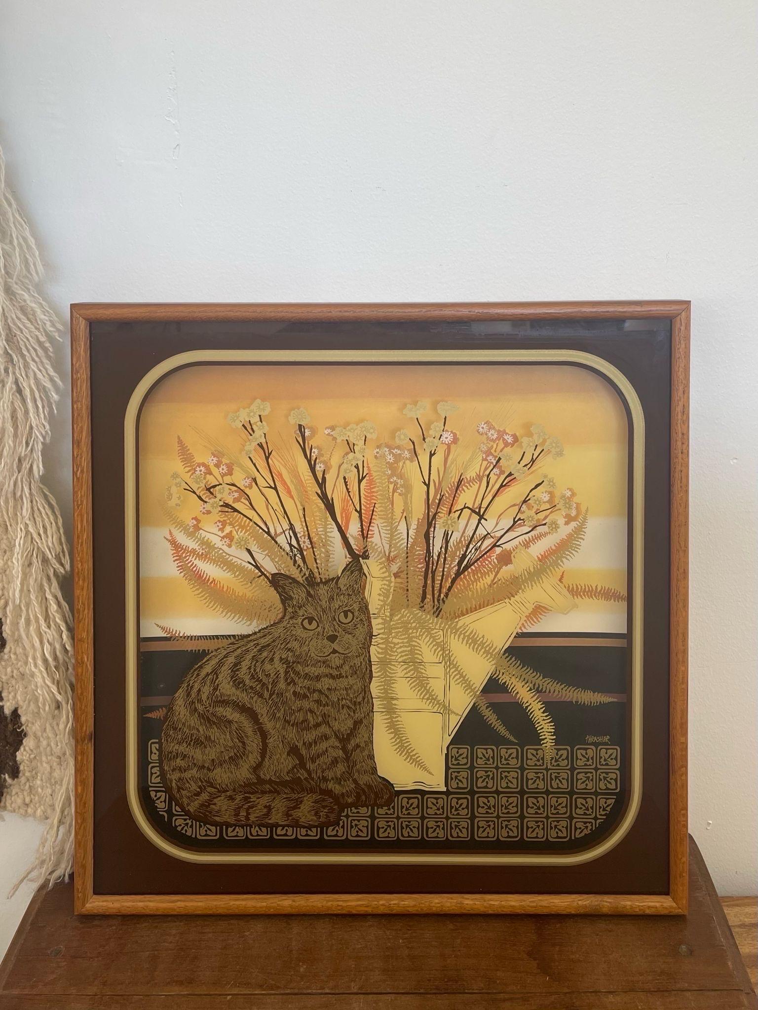 Vintage gerahmt und signiert Mid Century Kunstwerk von Virgil Thrasher Schatten Box Katze im Zustand „Gut“ im Angebot in Seattle, WA