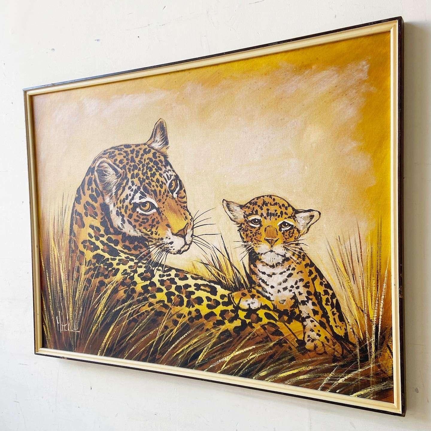Canvas Vintage Framed and Signed Oil Painting of Cheetahs For Sale