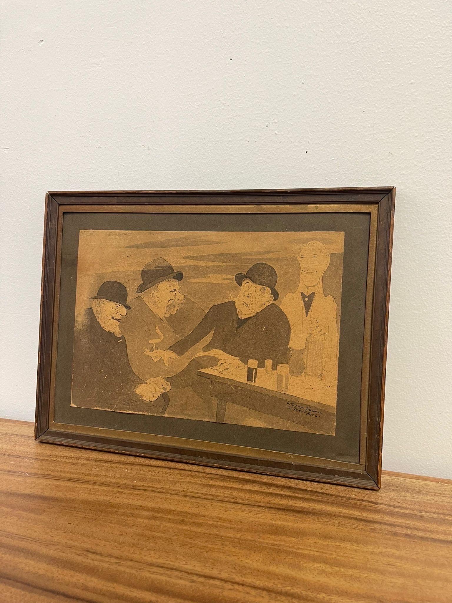 Mid-Century Modern Vintage Framed and Signed Original Artwork of Men Sitting at a Table. For Sale