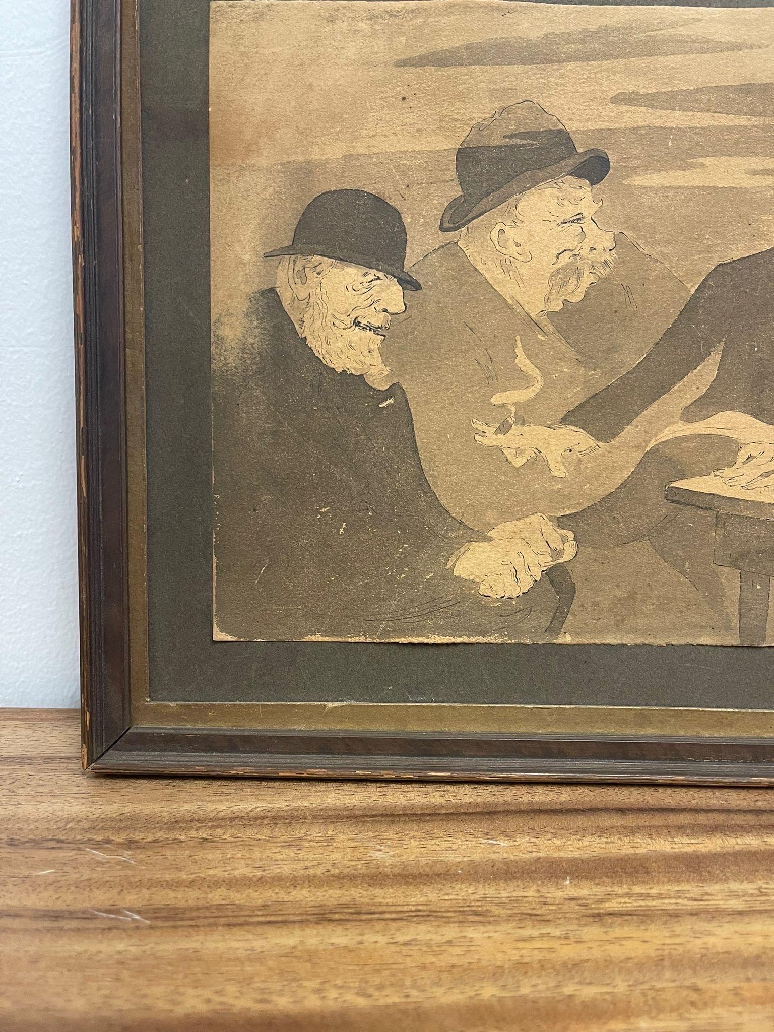 Vintage Framed and Signed Original Artwork of Men Sitting at a Table. In Good Condition For Sale In Seattle, WA