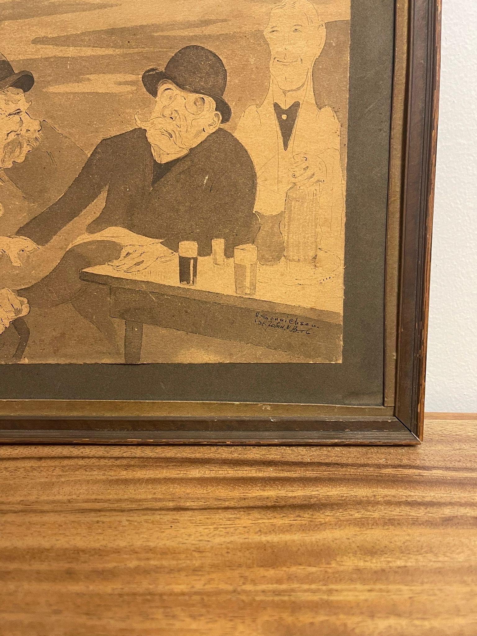 Late 20th Century Vintage Framed and Signed Original Artwork of Men Sitting at a Table. For Sale