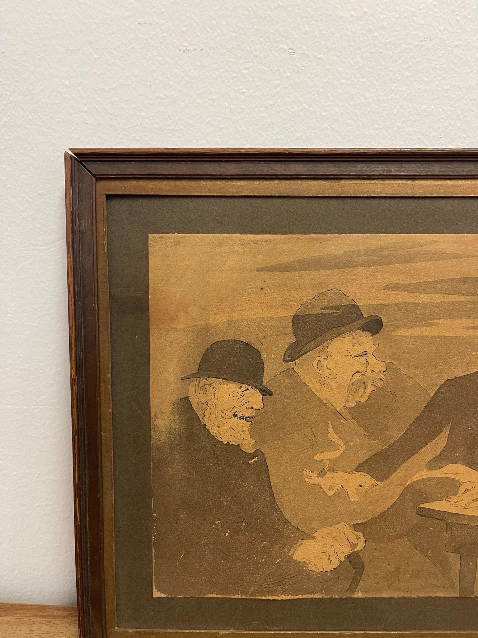 Wood Vintage Framed and Signed Original Artwork of Men Sitting at a Table. For Sale