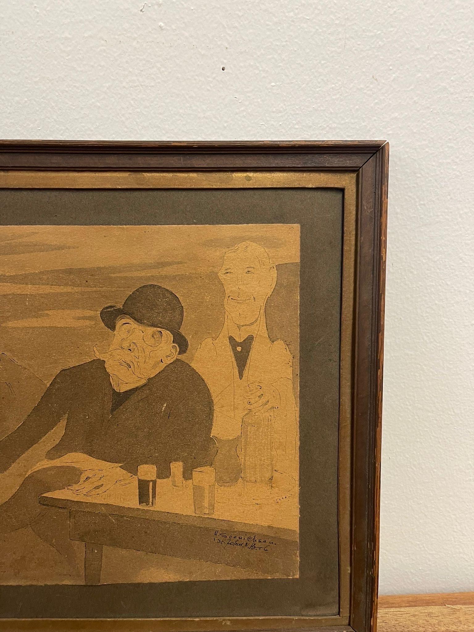 Vintage Framed and Signed Original Artwork of Men Sitting at a Table. For Sale 1