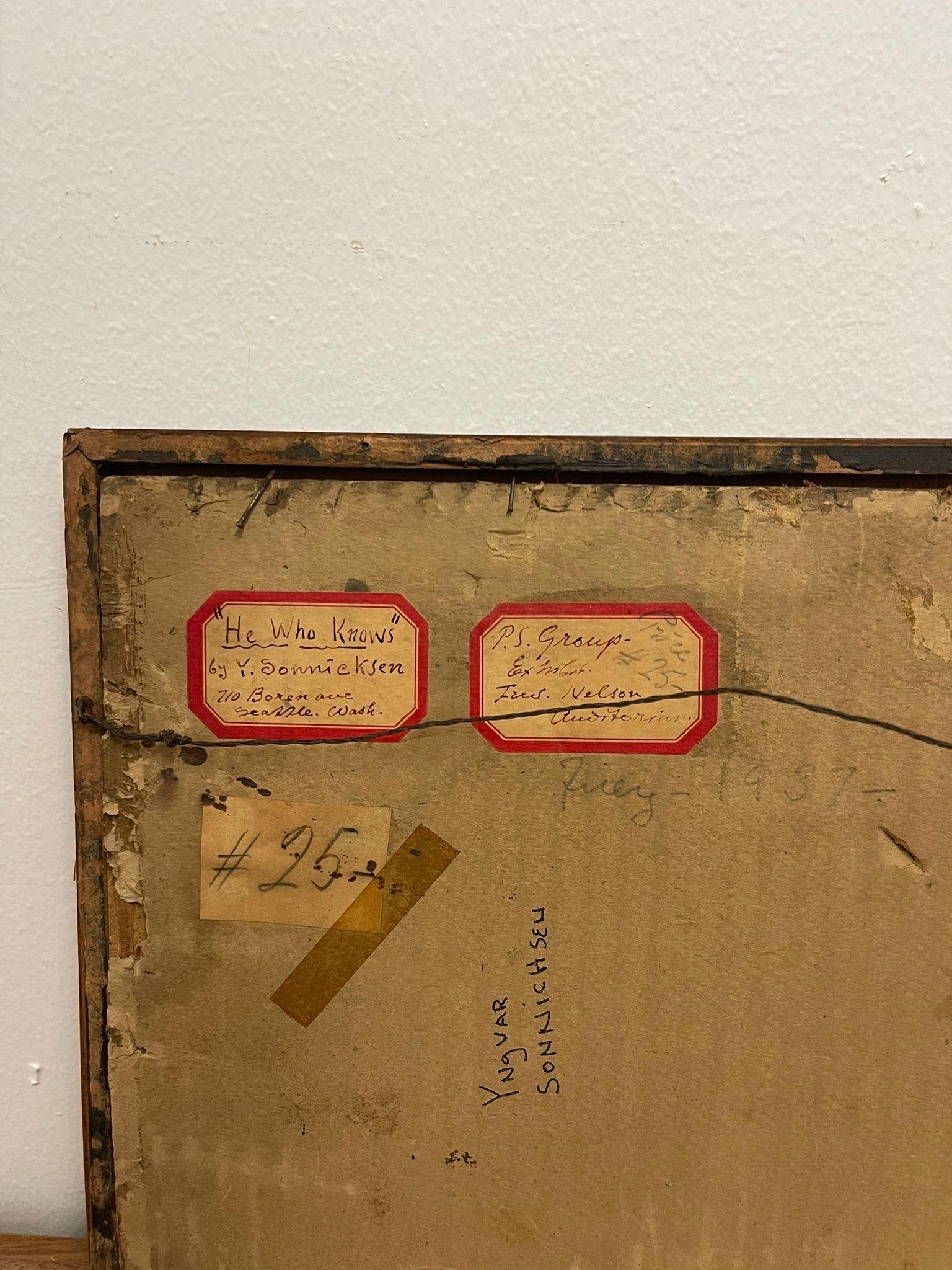 Opera d'arte originale vintage incorniciata e firmata di uomini seduti a un tavolo. in vendita 2