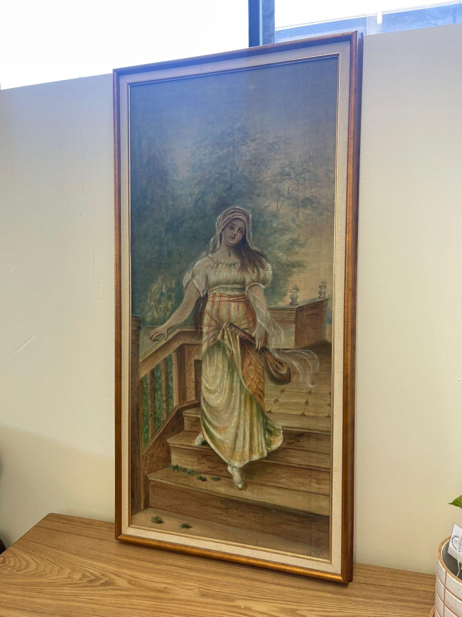 This Artwork depicts a woman with a guitar walking down steps. Possibly oil or acrylic. Professionally framed and matted. Vintage Condition Consistent with Age as Pictured.

Dimensions. 23 W ; 1/2 D ; 46 H