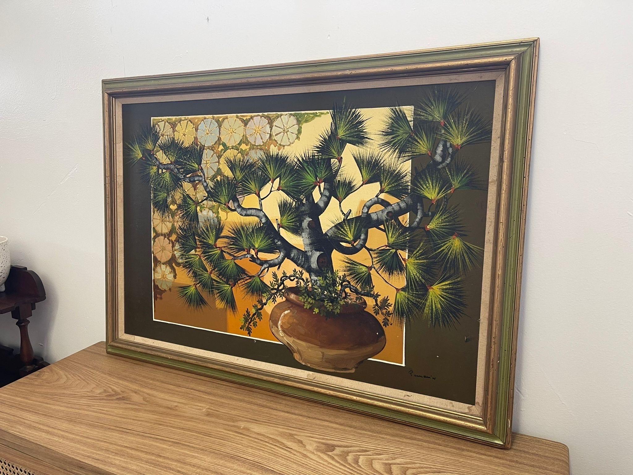Mid-Century Modern Vintage Framed and Signed Original Painting of Potted Plant. For Sale