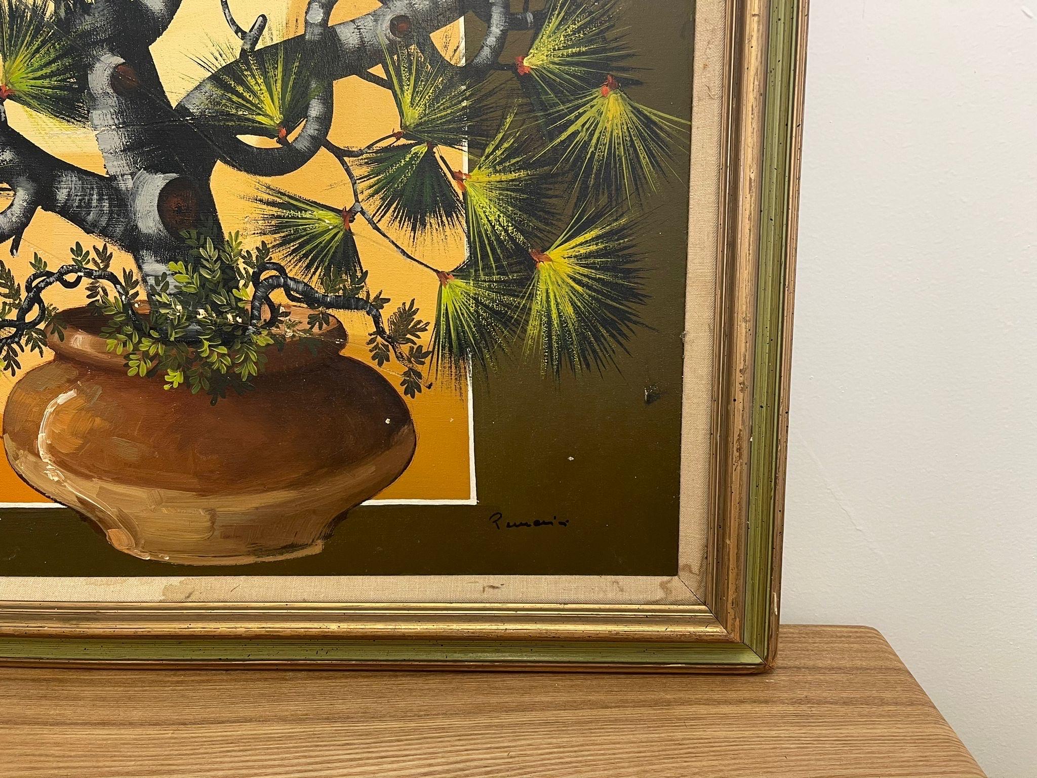 Peinture originale vintage encadrée et signée représentant une plante en pot. en vente 1