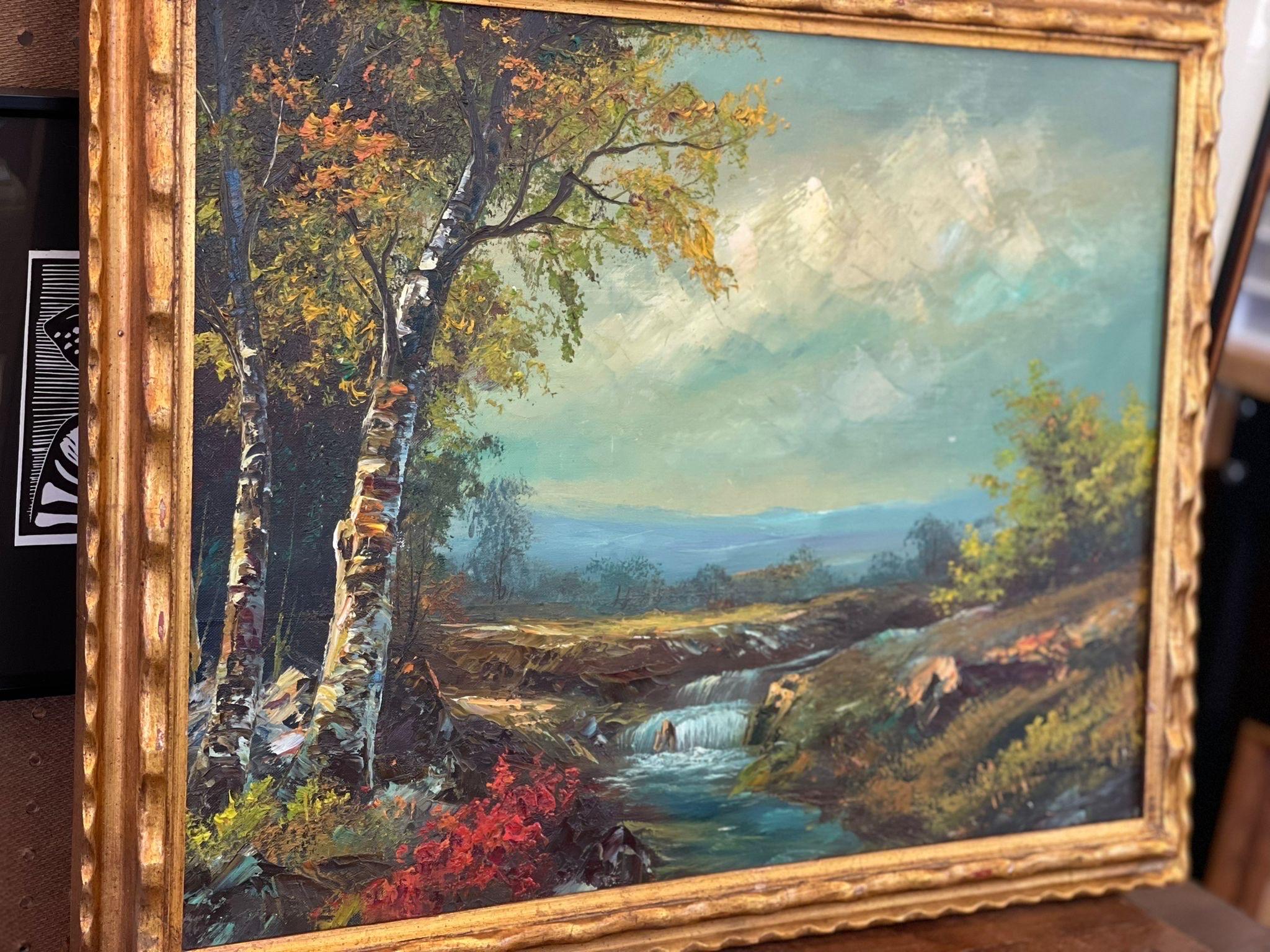Vibrant tones in this painting are accented beautifully by the gold tone professional framing. Signed in the Lower Corner.Possibly acrylic. Vintage Condition Consistent with Age as Pictured.

Dimensions. 21 W ; 1 D ; 27 H