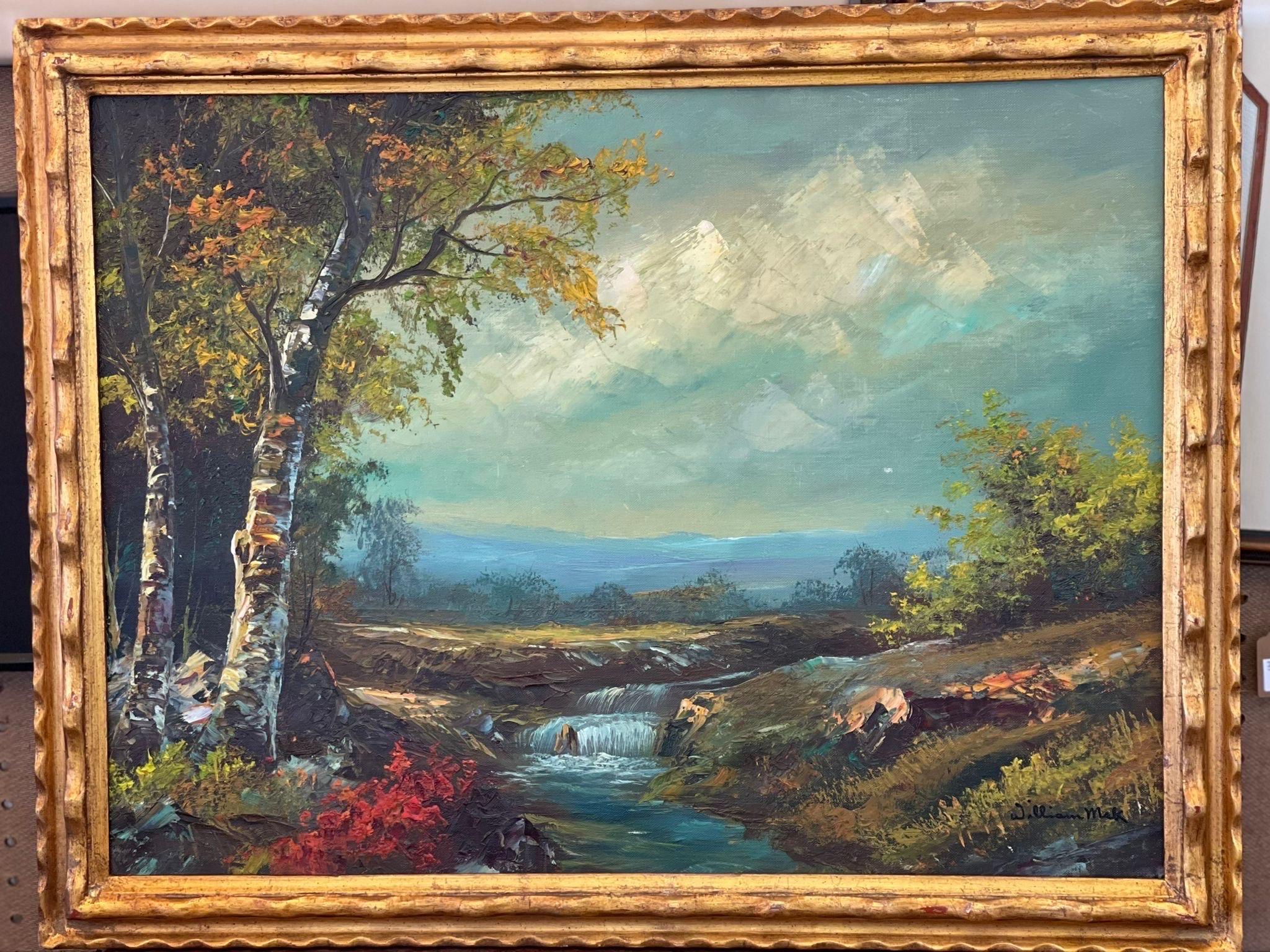 Mid-Century Modern Vintage Framed and Signed Original Painting of Vibrant Scenic Landscape. For Sale