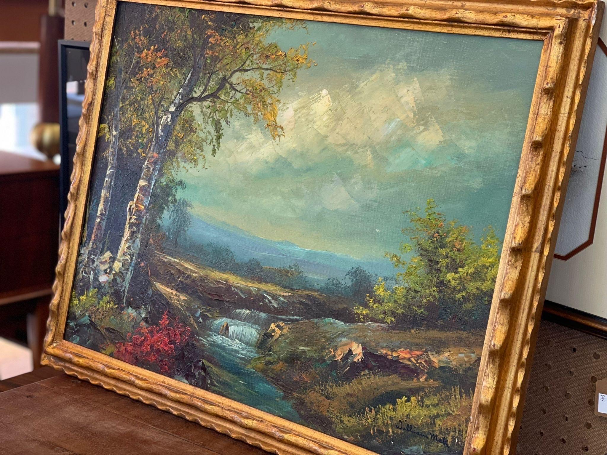 Bois Peinture originale vintage encadrée et signée d'un paysage pittoresque. en vente