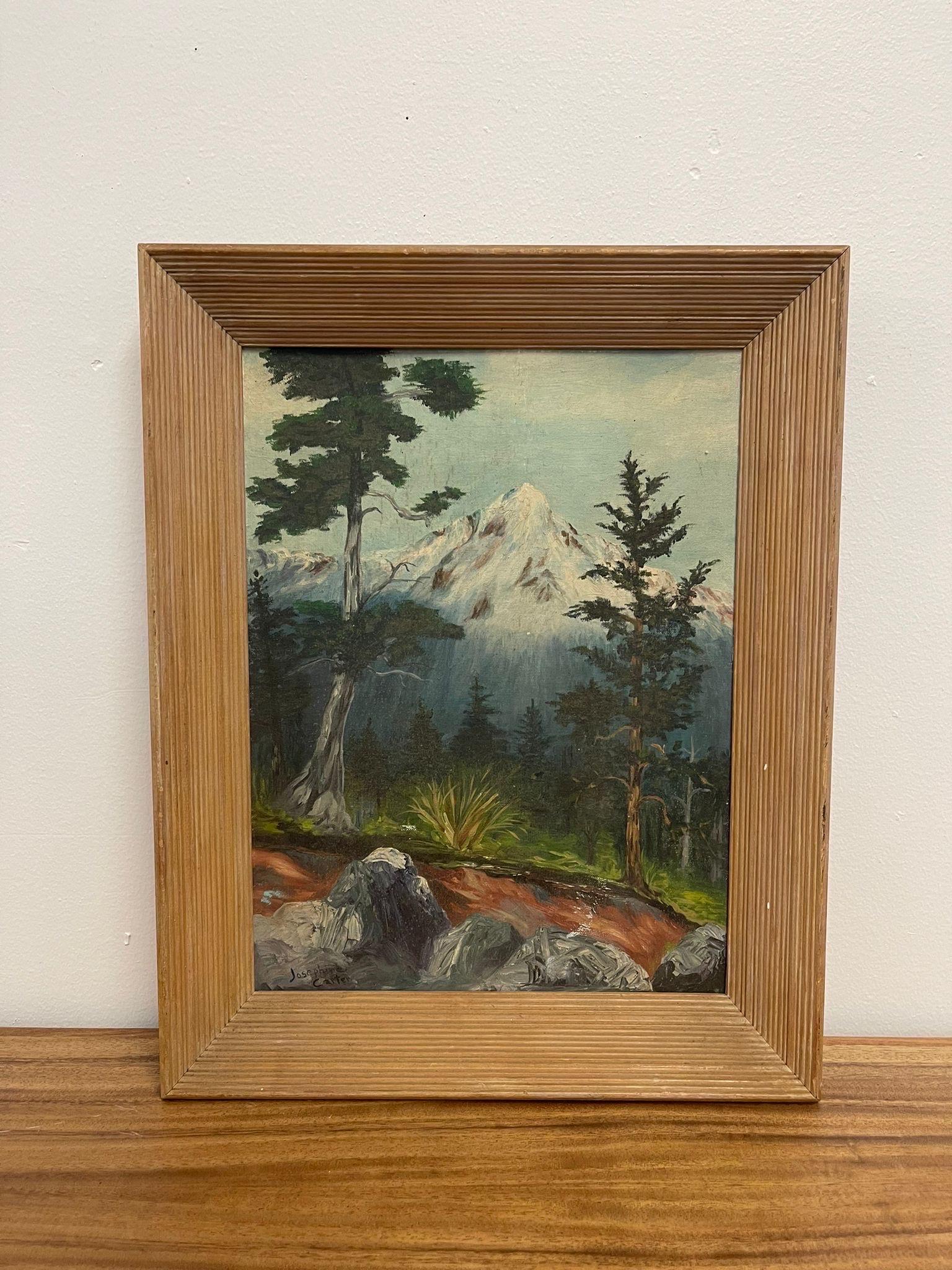 Wood Framed Vintage Painting of Mountain in the Forest. Possibly Acrylic on Canvas. Unique Pencil Reed Style Frame. Signed in the Lower Corner as Pictured. Vintage Condition Consistent with Age as Pictured.

Dimensions. 10 W ; 1 D ; 15 H