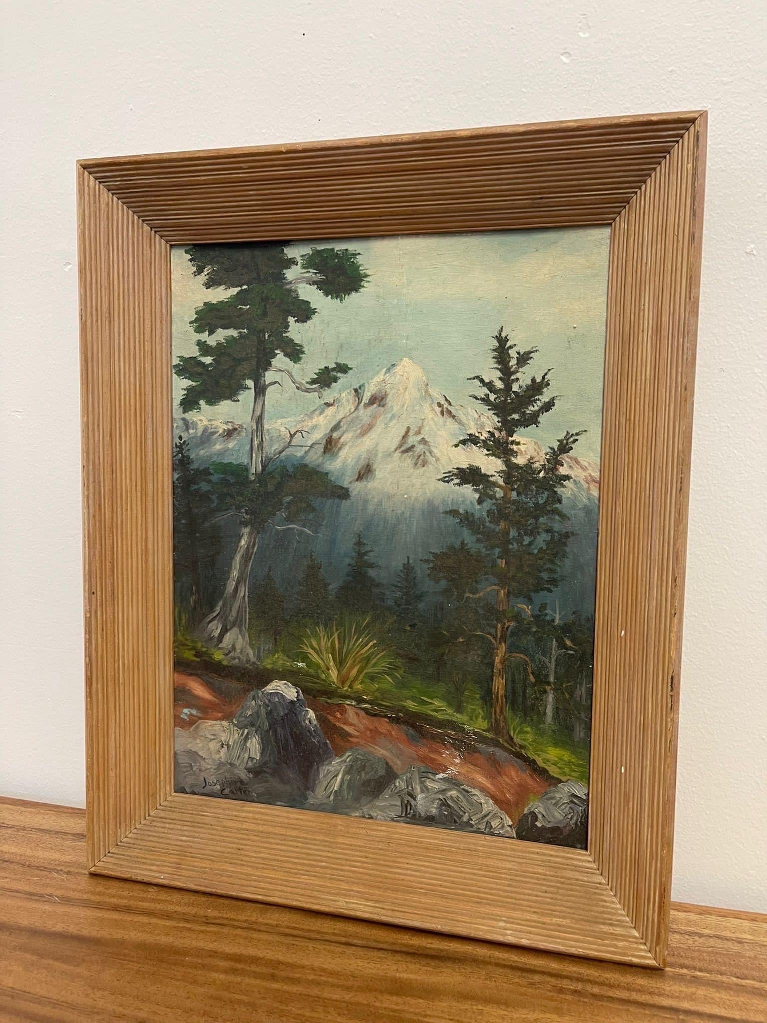 Mid-Century Modern Vintage Framed and Signed Painting of Mountain in the Forest. For Sale