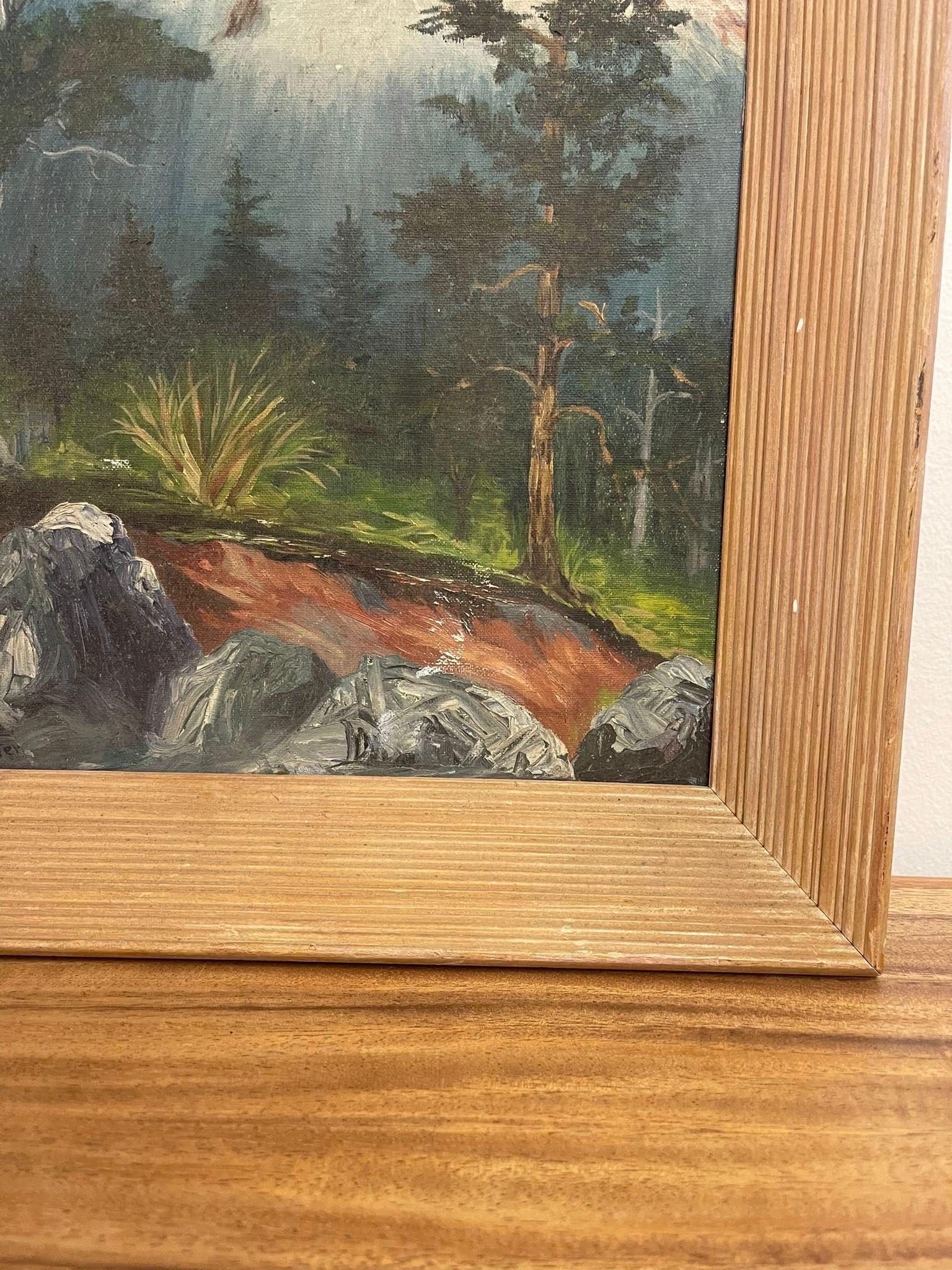 Gerahmtes und signiertes Vintage-Gemälde eines Berges im Wald. (Ende des 20. Jahrhunderts) im Angebot
