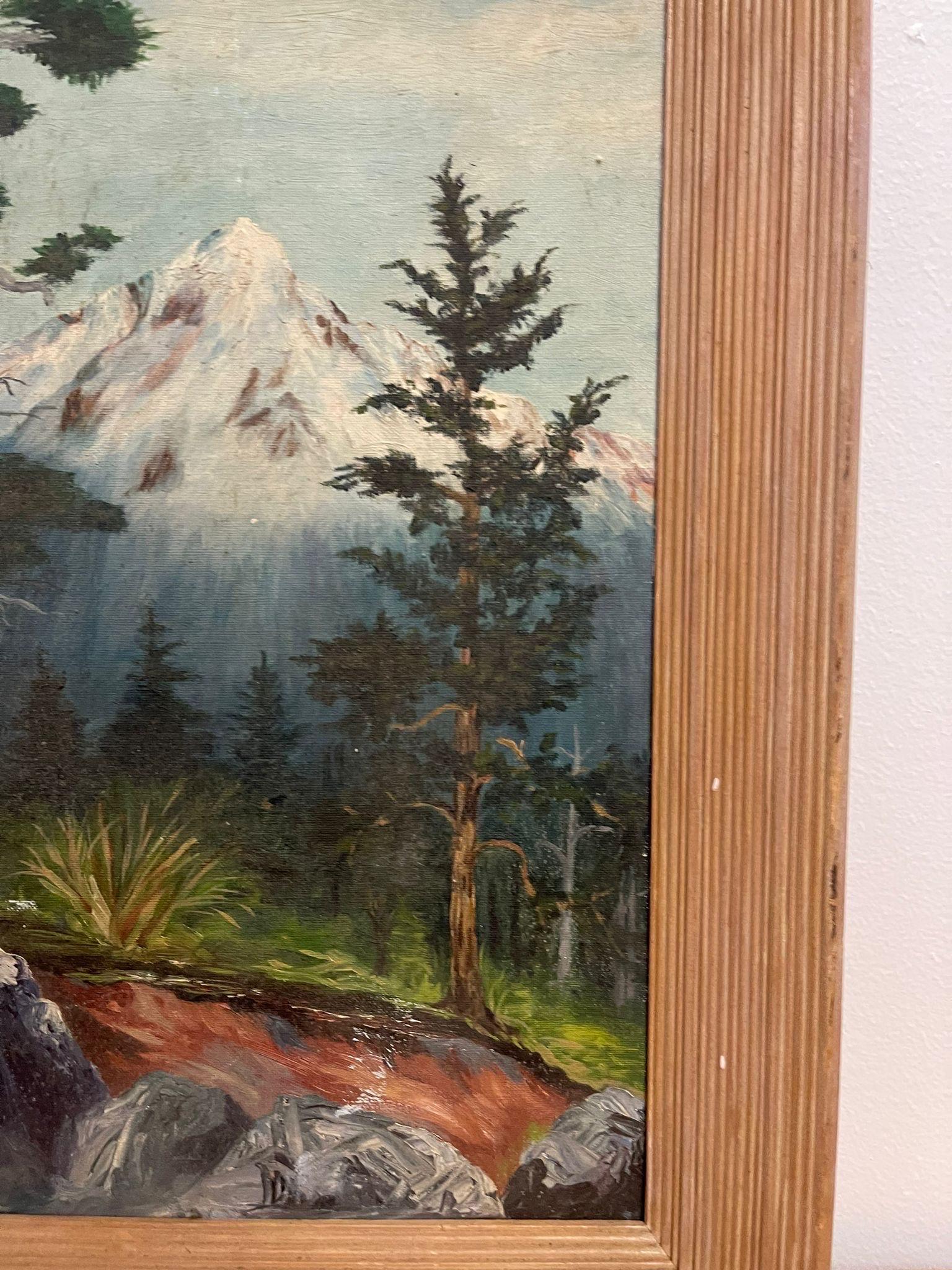 Gerahmtes und signiertes Vintage-Gemälde eines Berges im Wald. im Angebot 1