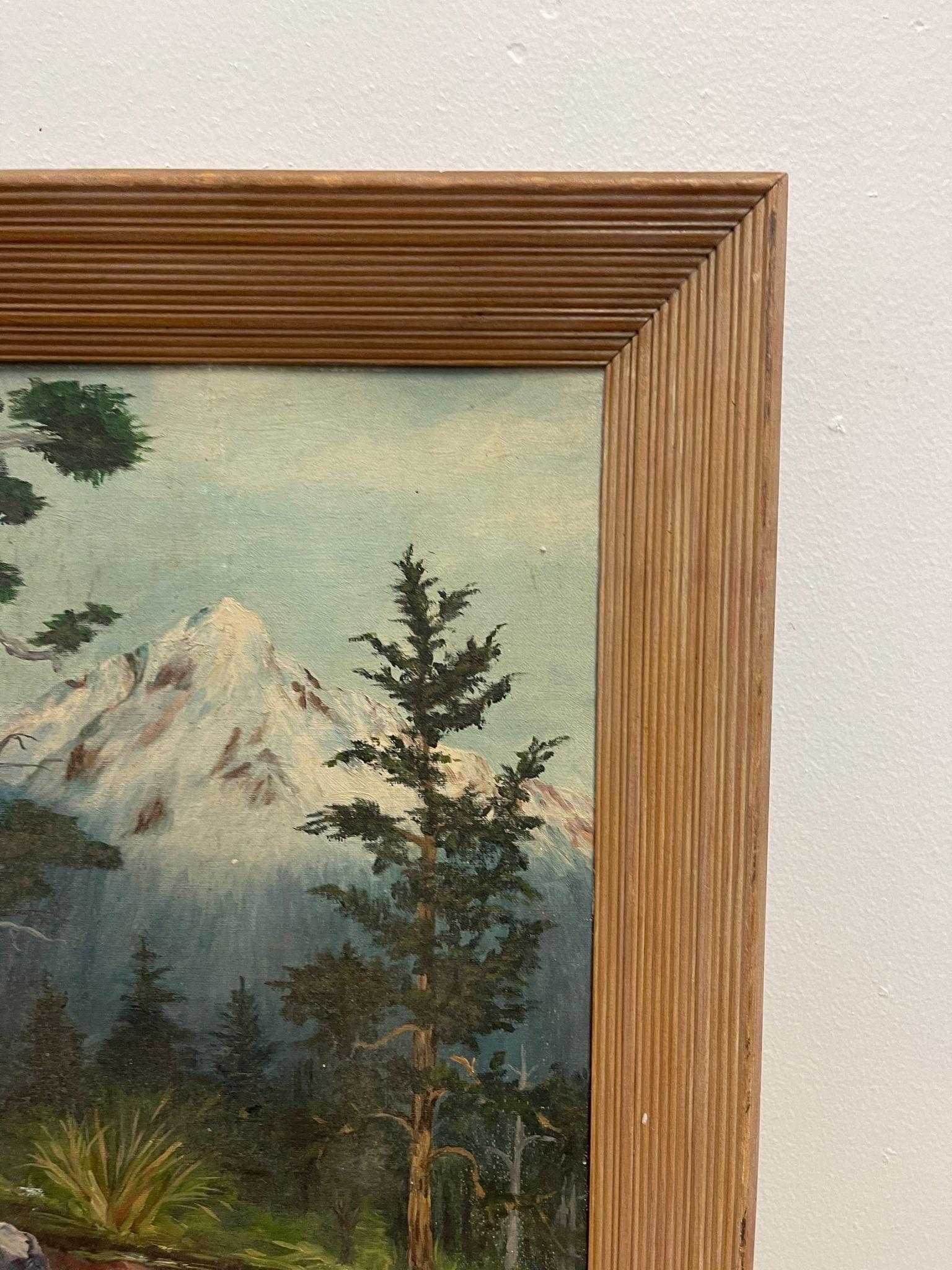 Vintage Framed and Signed Painting of Mountain in the Forest. For Sale 3
