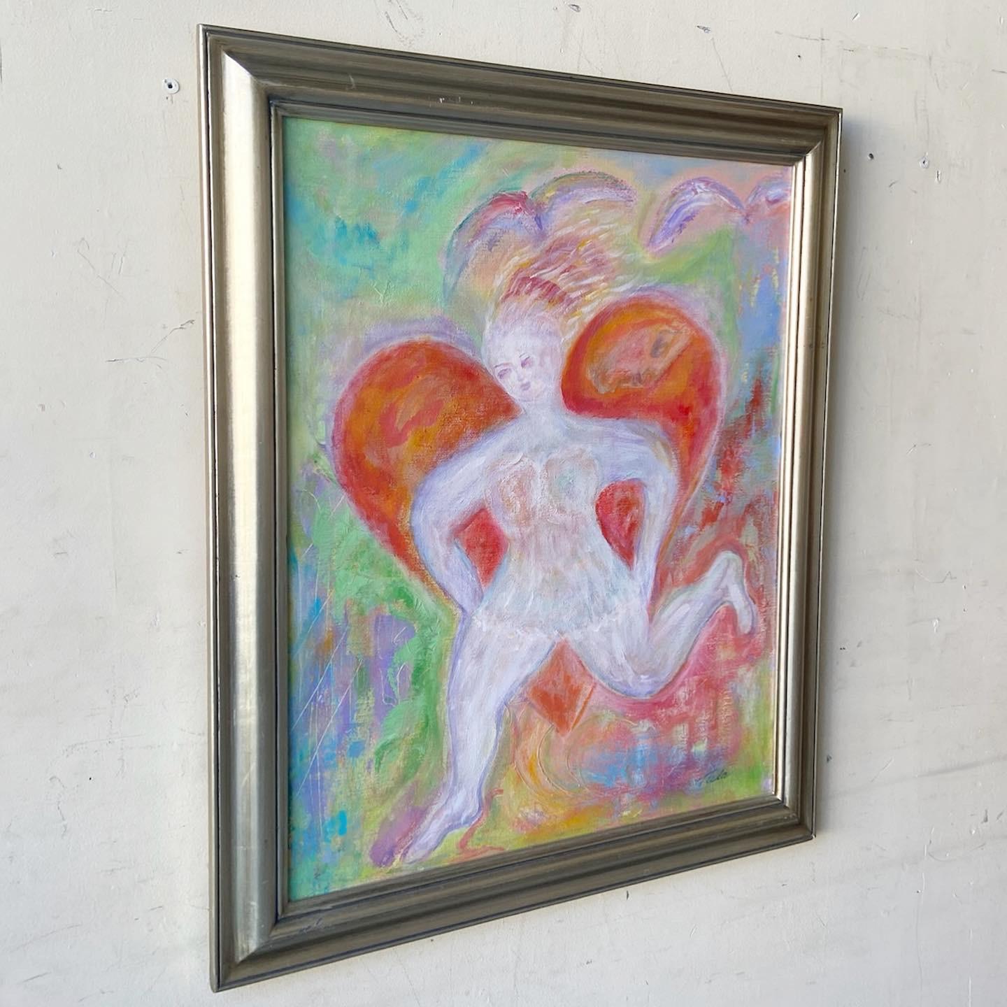 Exceptional vintage hand painted and signed framed art work. Signed by “Tula” the subject is a nude women backed by a heart and an abstract colorful setting.