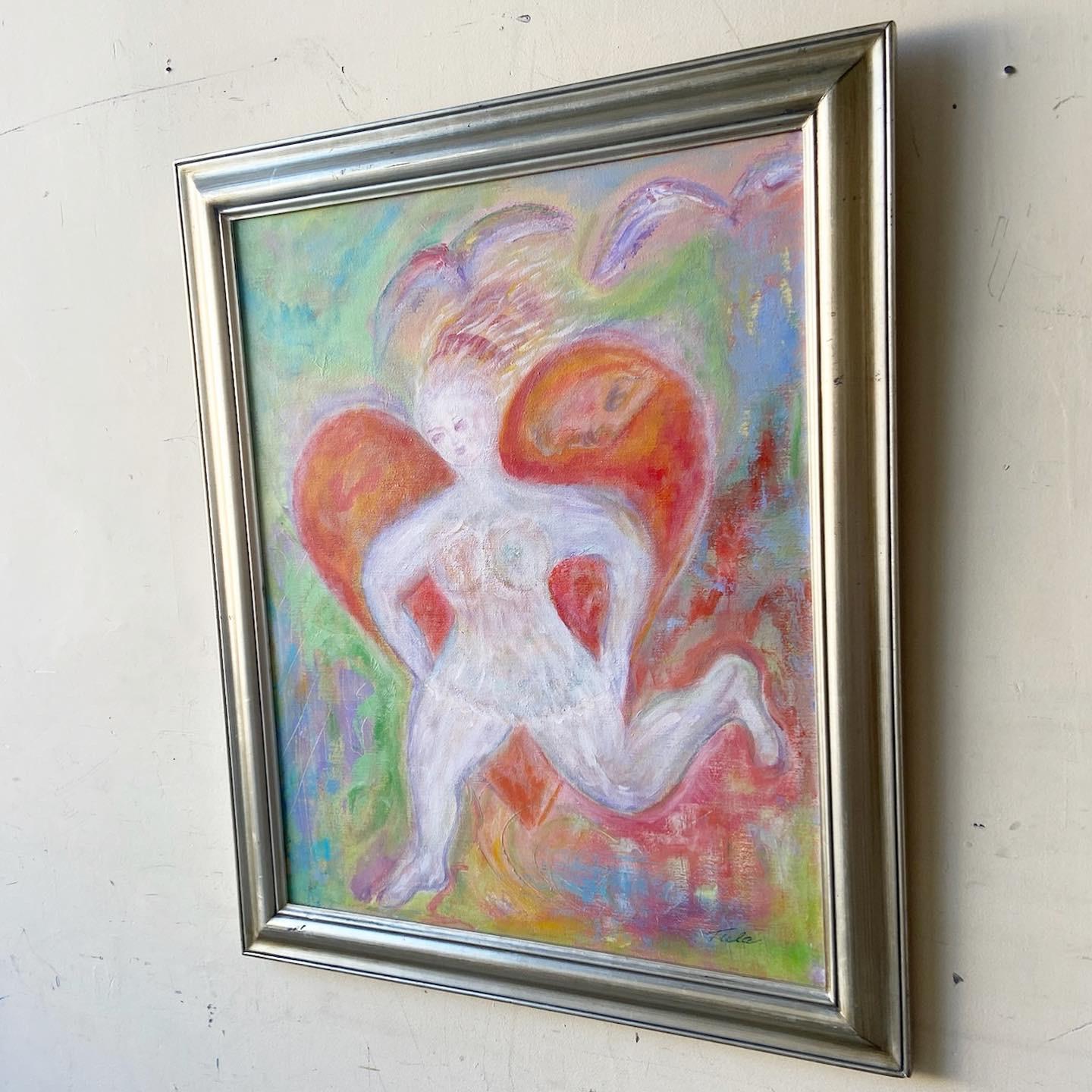 Mid-Century Modern Vintage Framed and Signed Painting of Nude Woman and Heart
